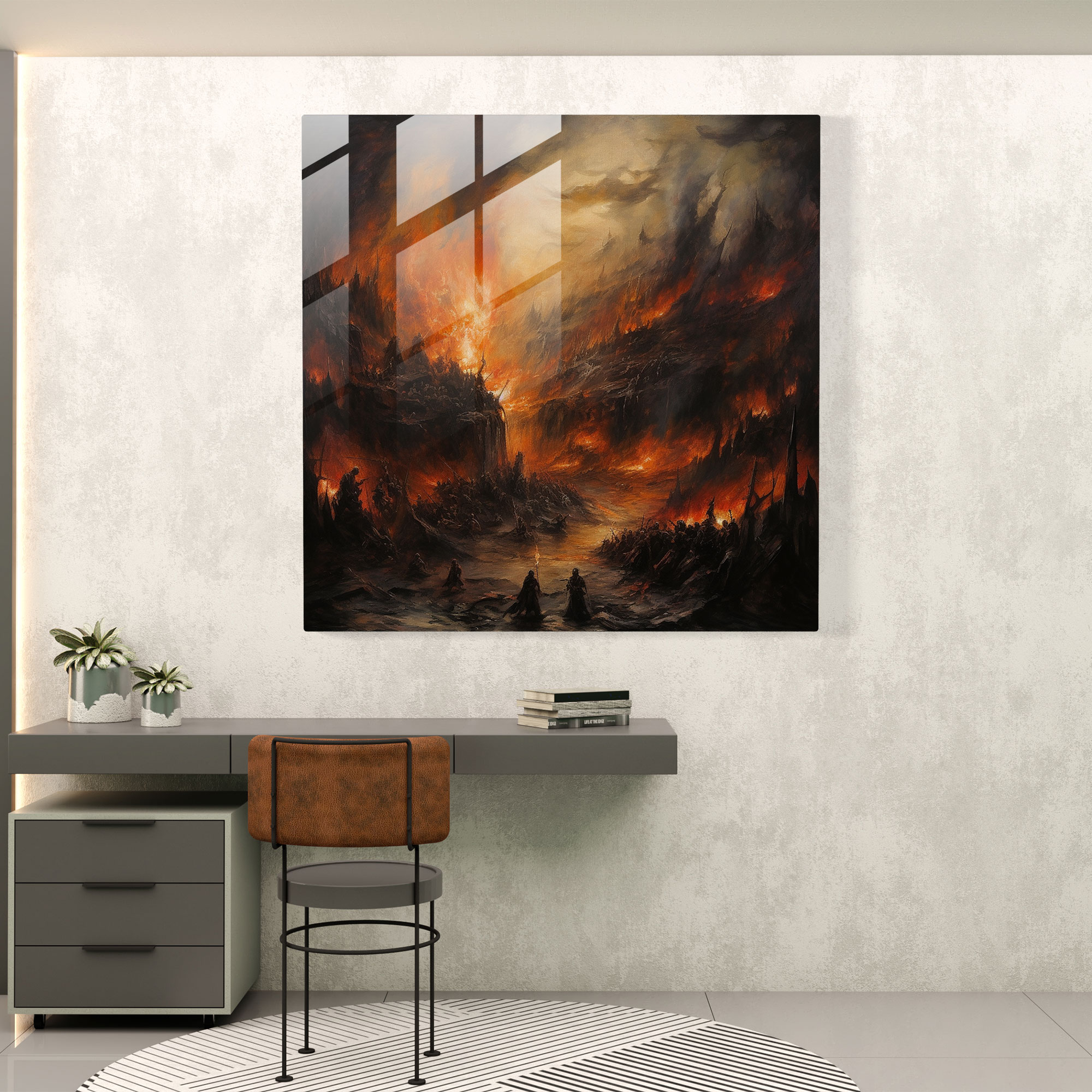 Middle Earth Glass Print - Fiery Battle - Middle Earth, Glass Wall Art, Expressionist Painting, Glass Print