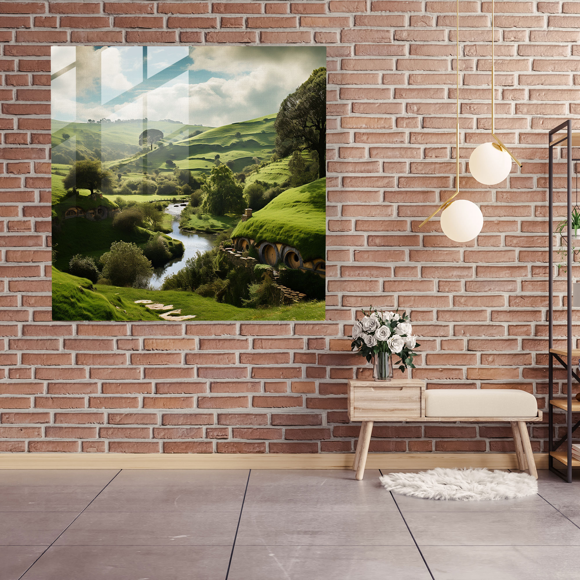 Shire Glass Print - Middle Earth, Glass Wall Art, Lush Green Fields, Shire