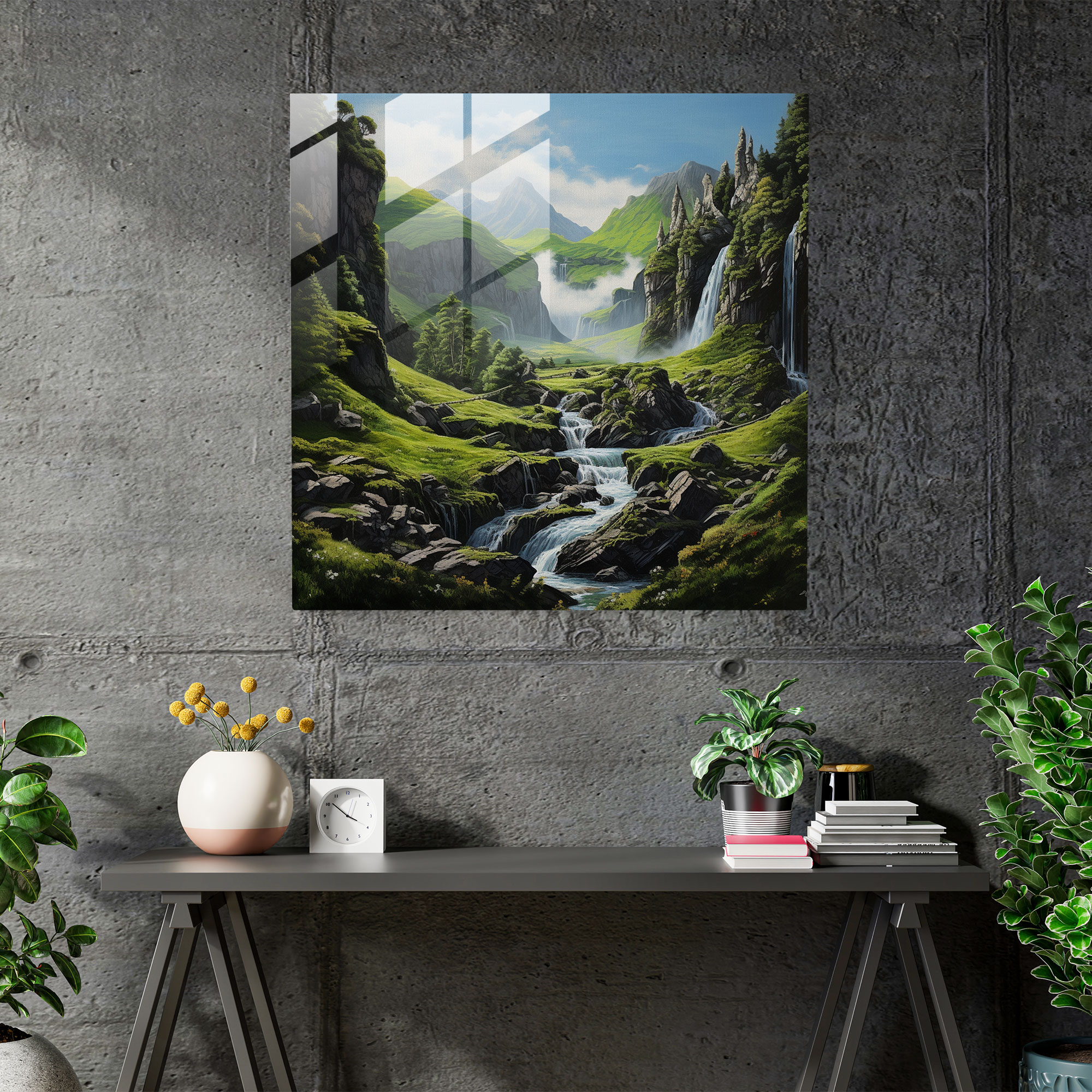 Middle Earth Waterfall Glass Print - Middle Earth, Glass Print, Modern Art, Lush Green Valley