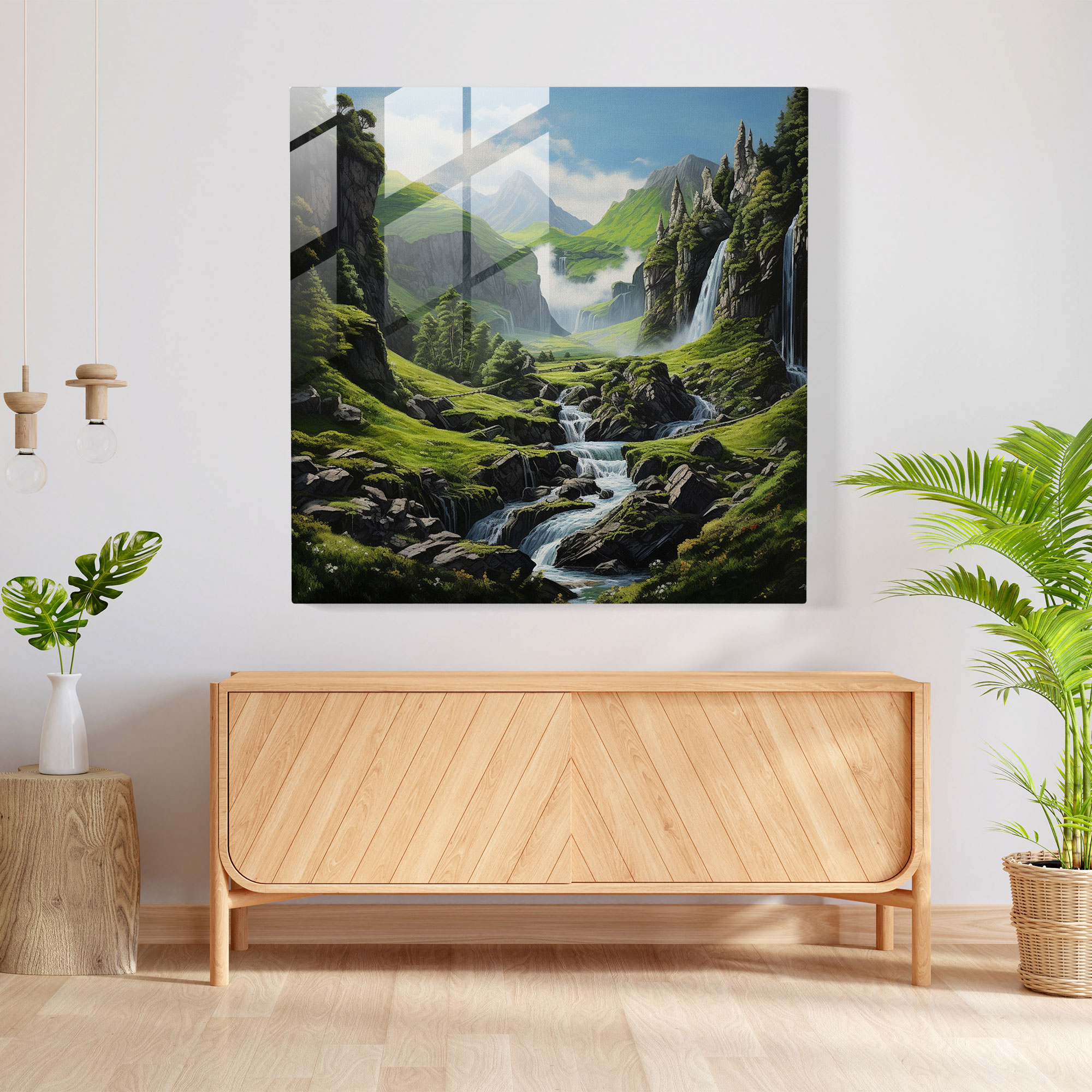 Middle Earth Waterfall Glass Print - Middle Earth, Glass Print, Modern Art, Lush Green Valley