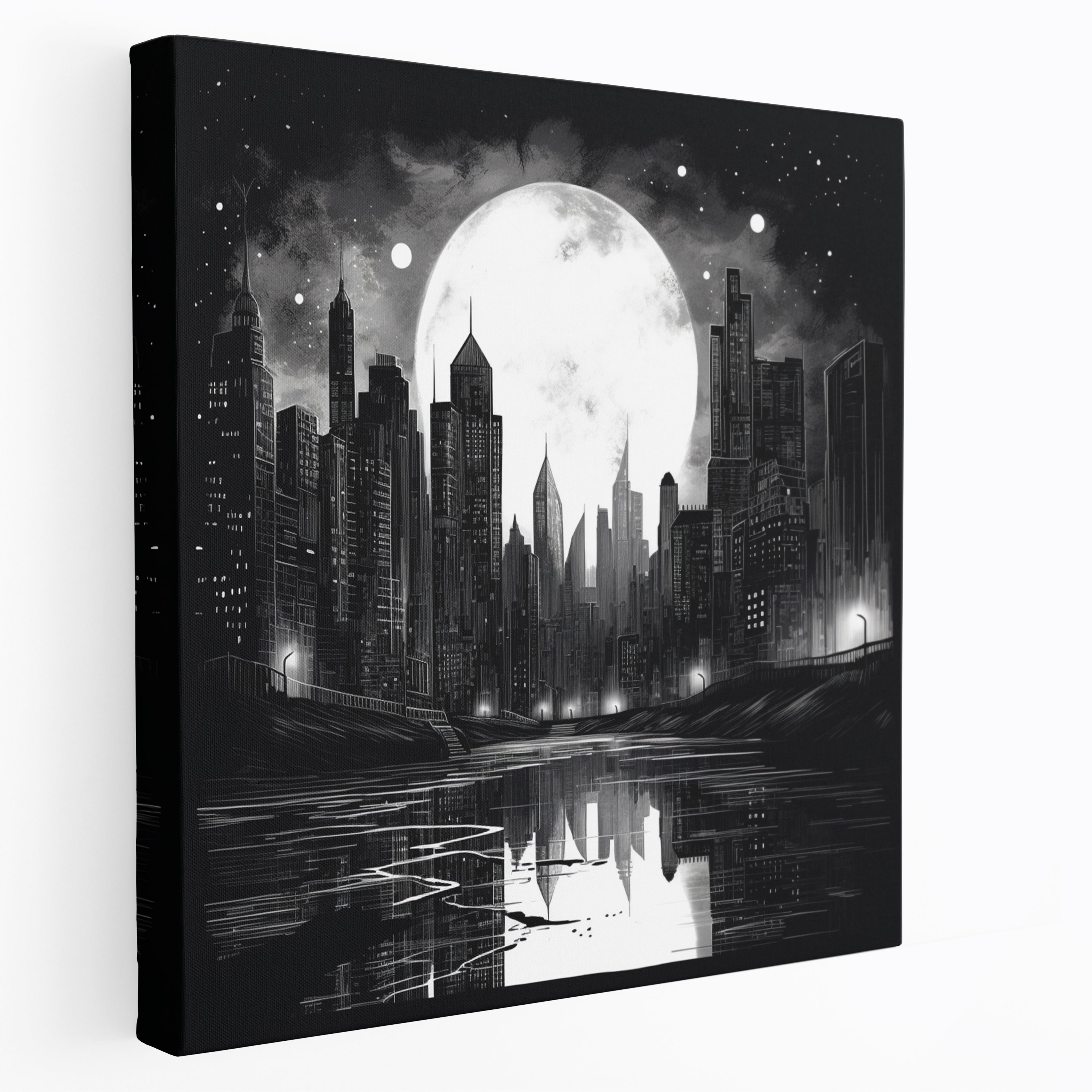 Moonlit City Sketch Canvas Print - Midnight, Wall Decoration, Architectural Structures, Minimalist