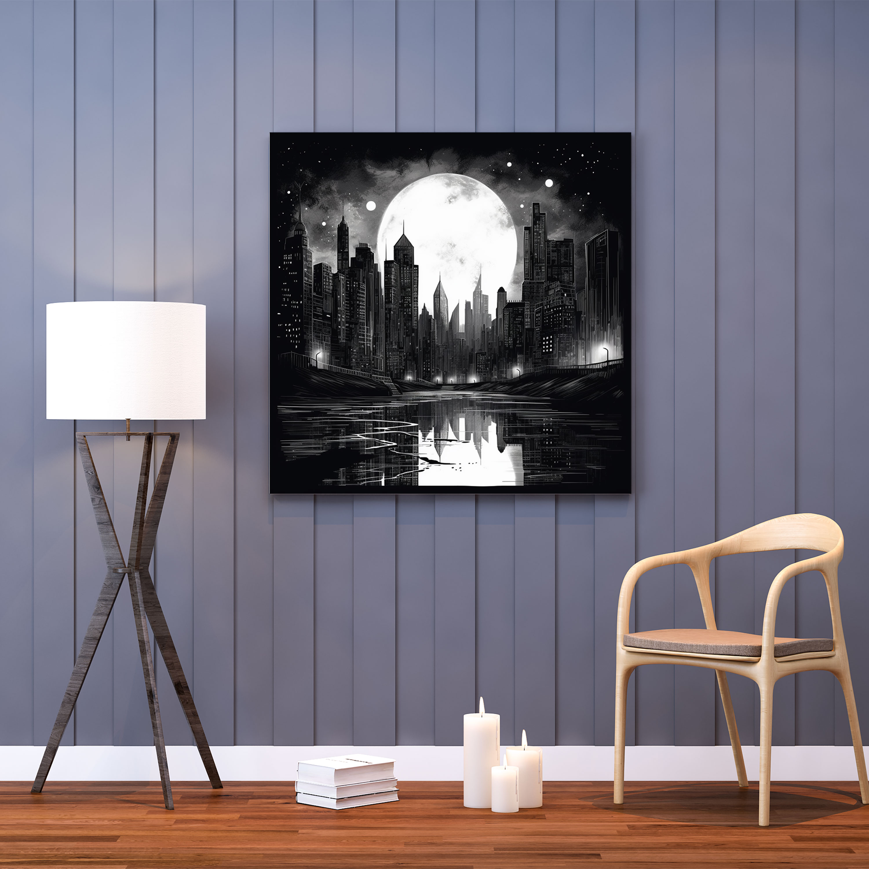 Moonlit City Sketch Canvas Print - Midnight, Wall Decoration, Architectural Structures, Minimalist