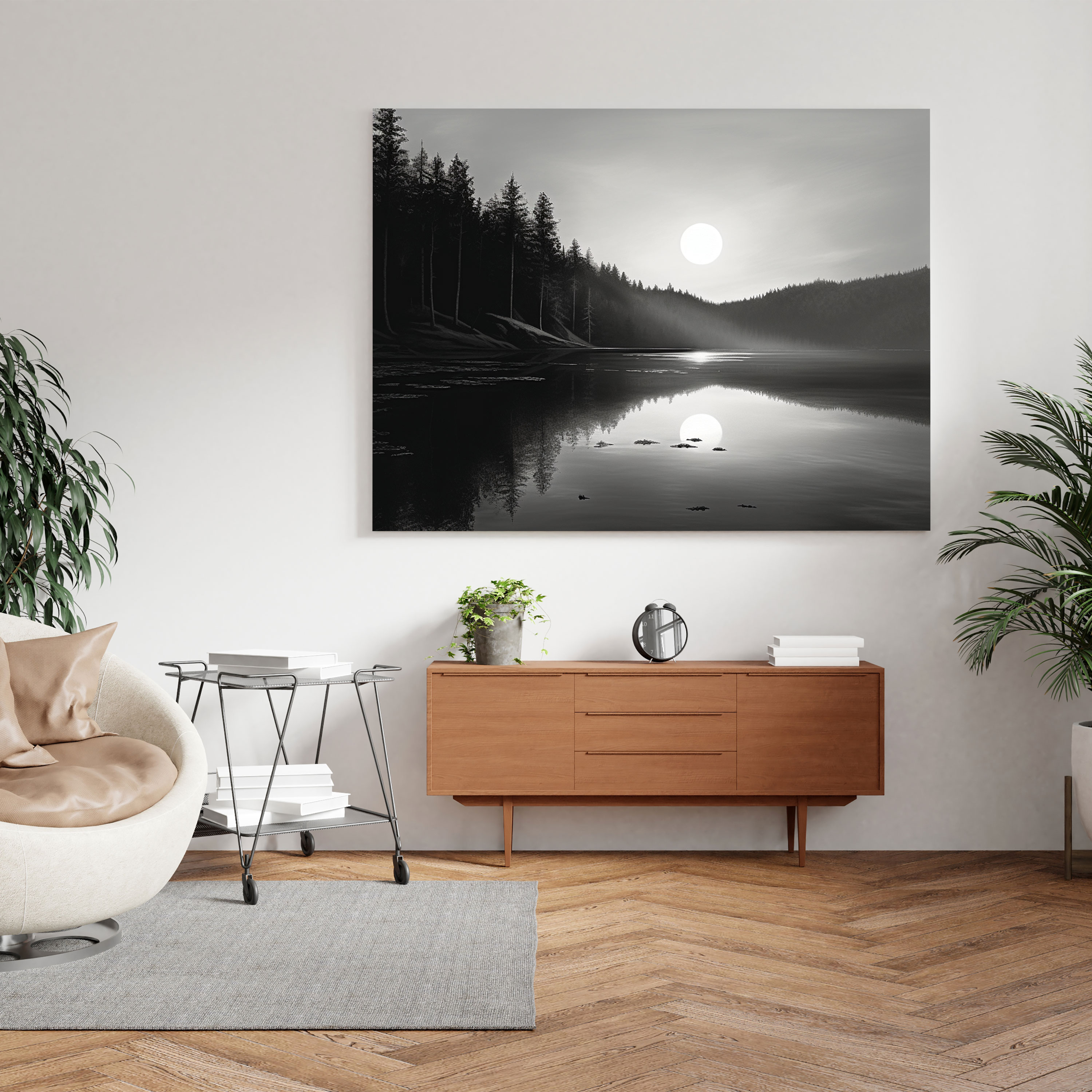 Midnight Moon Canvas Print - Midnight, Minimalist, Elegant, Tranquil Lake
