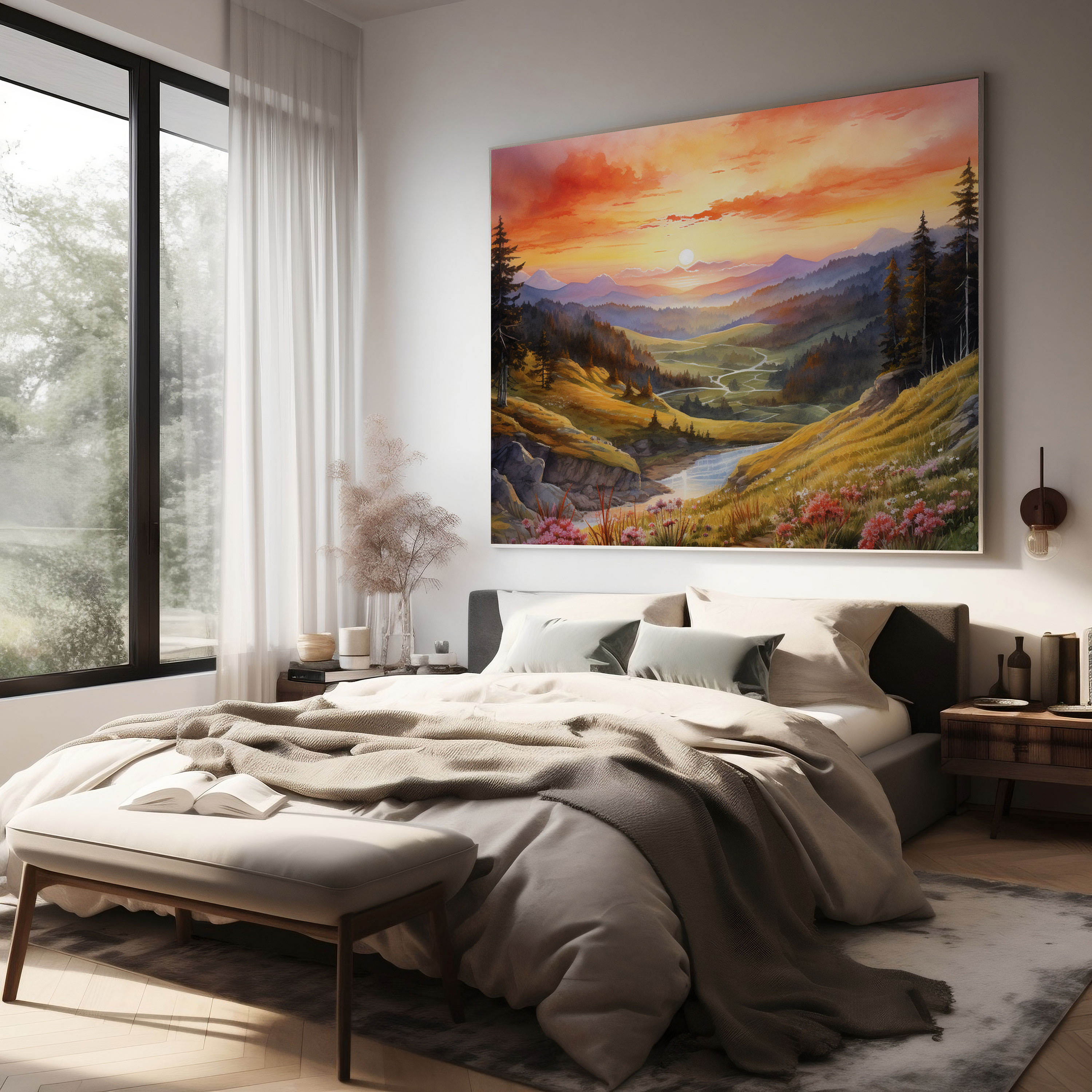Leinwandbild Mittelerde - Ruhevolle Landschaft - Mittelerde Leinwandbild Aquarell-Kunstwerk Ruhevolle Landschaft