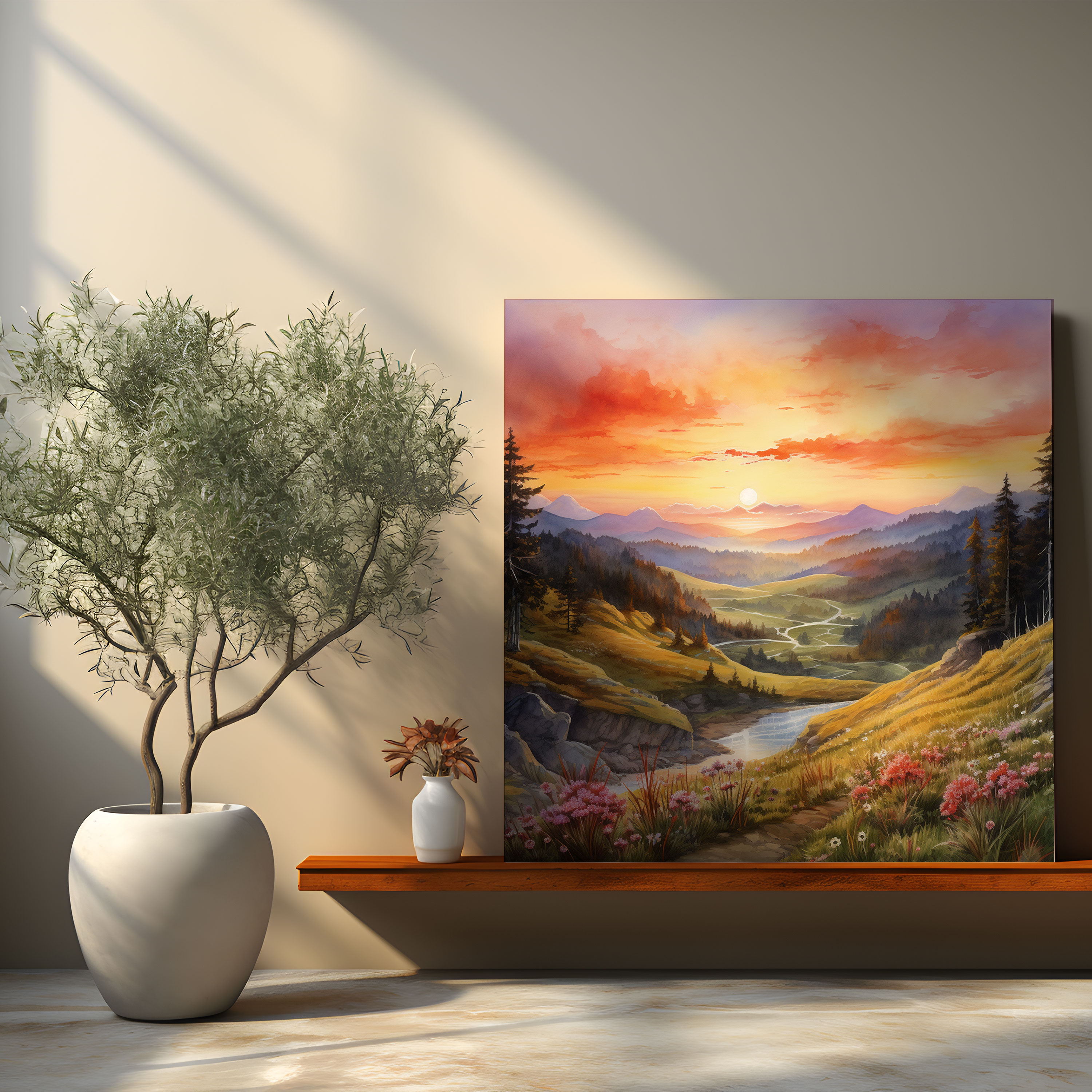 Leinwandbild Mittelerde - Ruhevolle Landschaft - Mittelerde Leinwandbild Aquarell-Kunstwerk Ruhevolle Landschaft