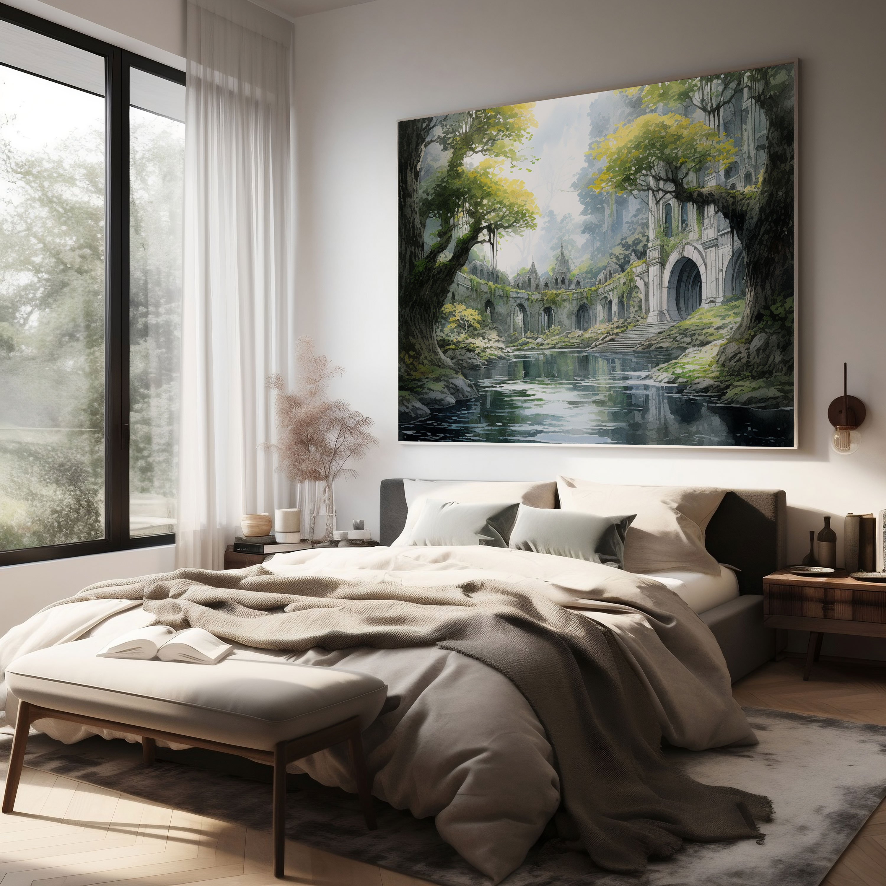 Middle Earth Wall Art - Lothlórien Watercolor Canvas Print - Middle Earth, Lothlórien, Tranquil Atmosphere, Canvas Print