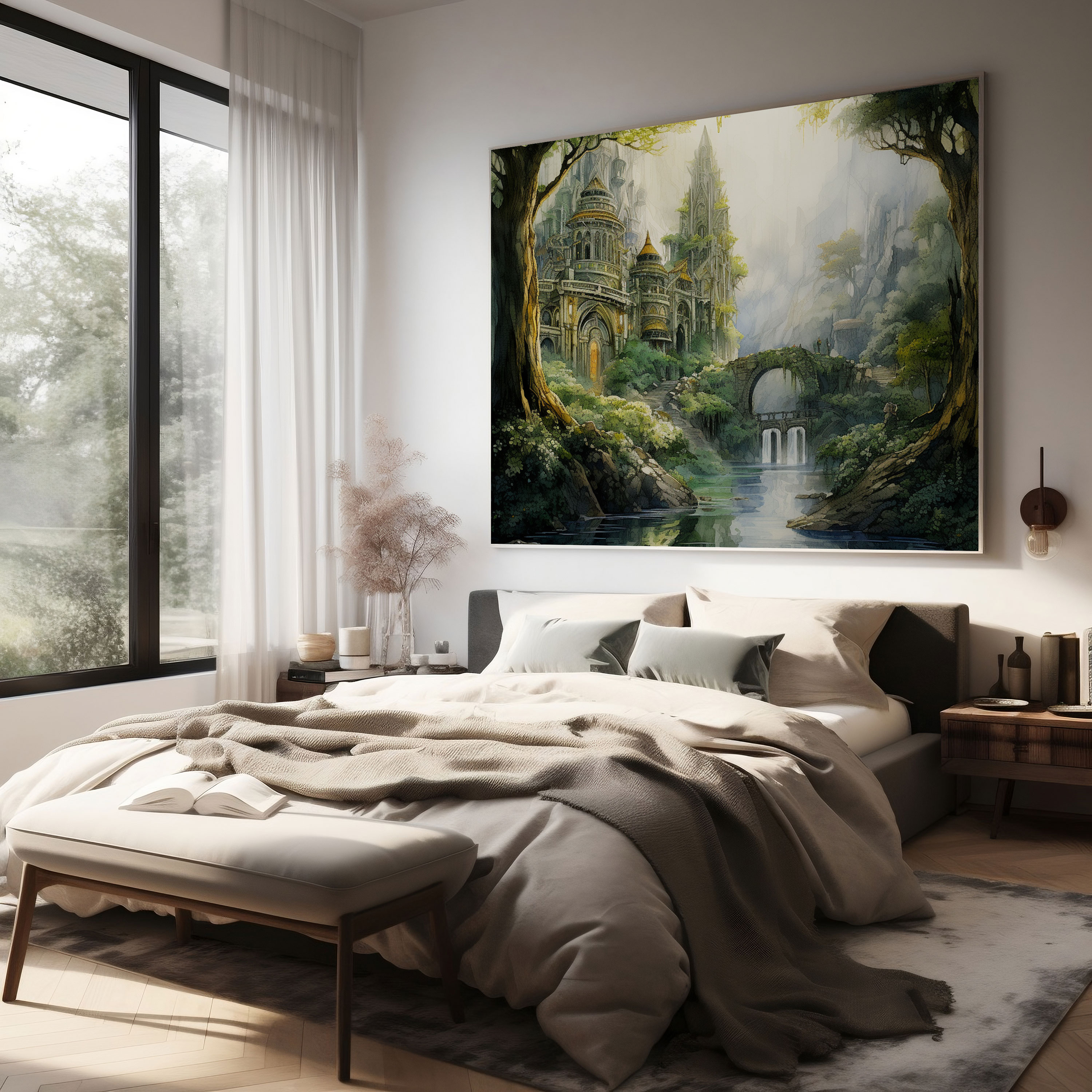 Orta Dünya Lothlórien Duvar Dekorasyonu - Orta Dünya Ev Dekorasyonu Huzurlu Suluboya Tablo Sanatı Kanvas Duvar Sanatı