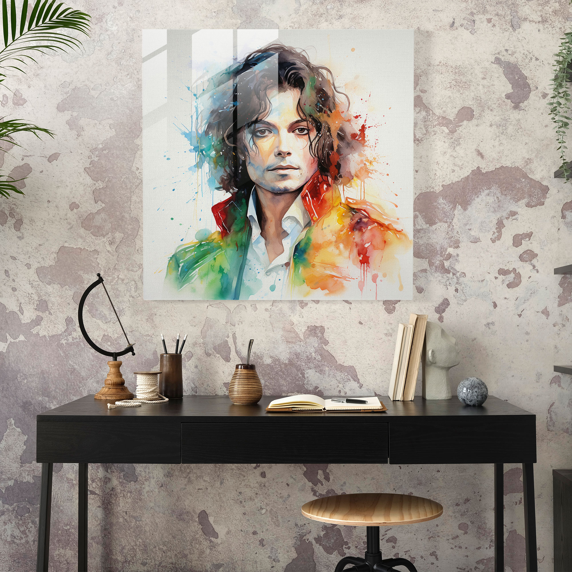 Glasbild Michael Jackson - Lebendiges Aquarellporträt - Feine Pinselarbeit