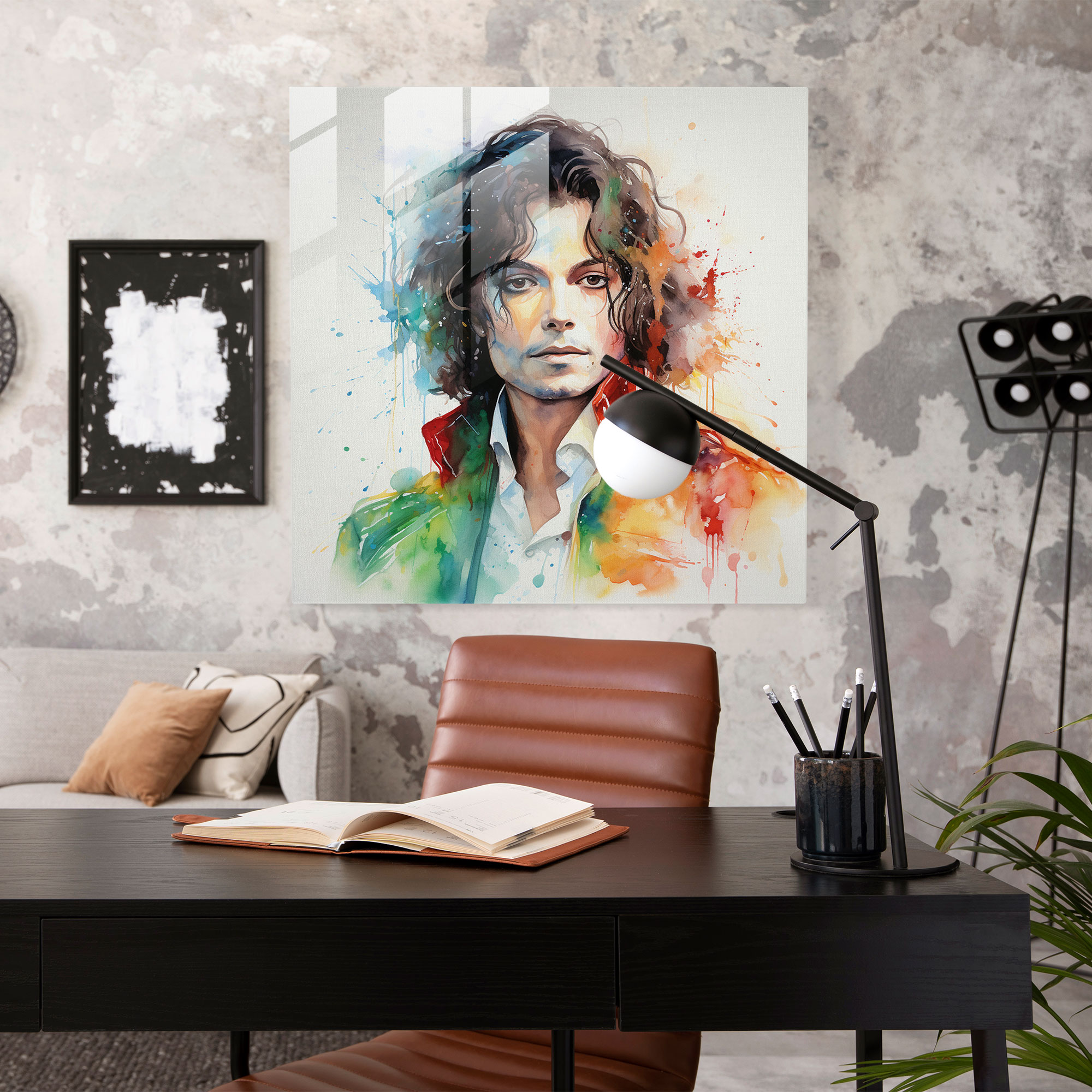 Glasbild Michael Jackson - Lebendiges Aquarellporträt - Feine Pinselarbeit