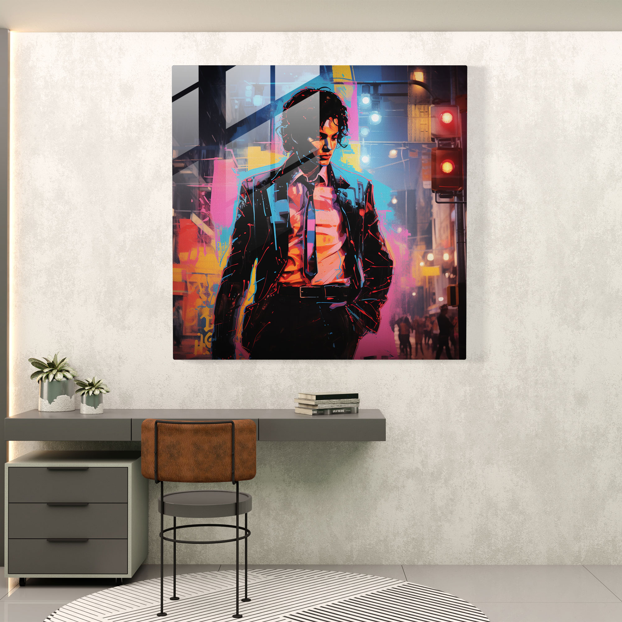 Glasbild von Michael Jackson - Neon Silhouette - Kunstwerk in Neonfarben lebendige Neonlichter