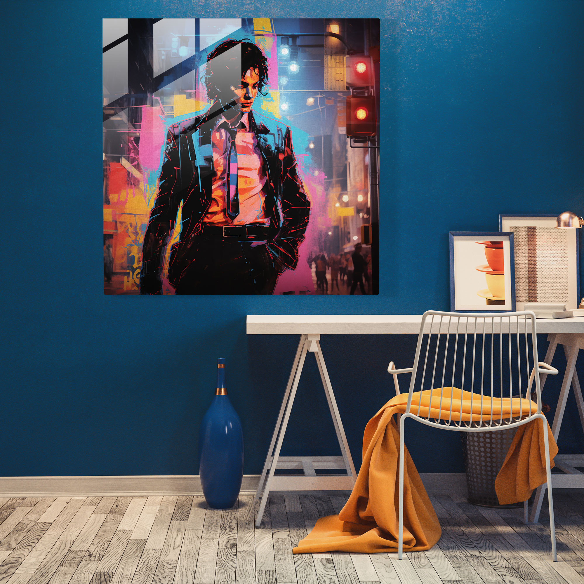 Glasbild von Michael Jackson - Neon Silhouette - Kunstwerk in Neonfarben lebendige Neonlichter