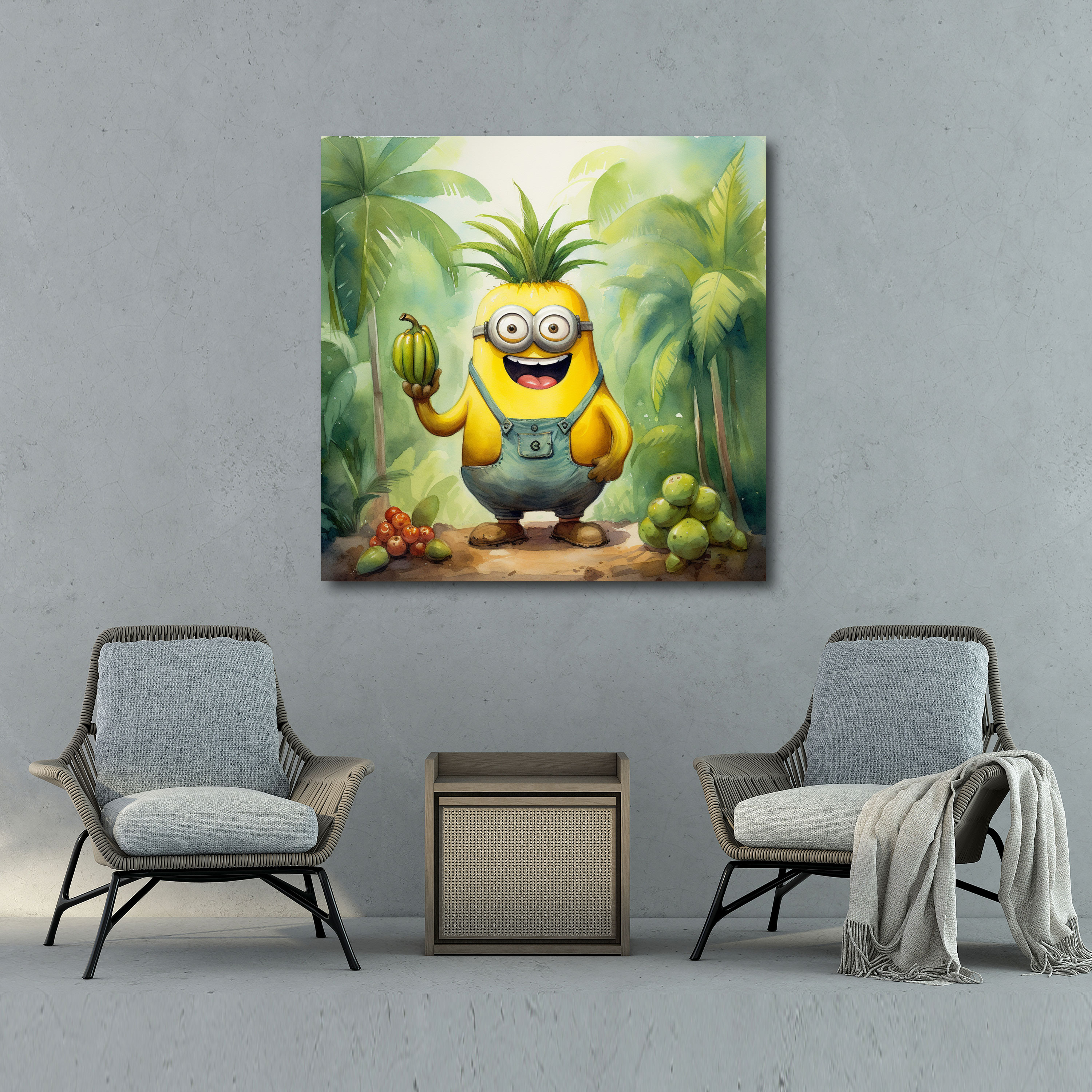 Minions Banana Bunch Canvas Print - Minions, Watercolor Painting, Wall Decoration, Tropical Setting