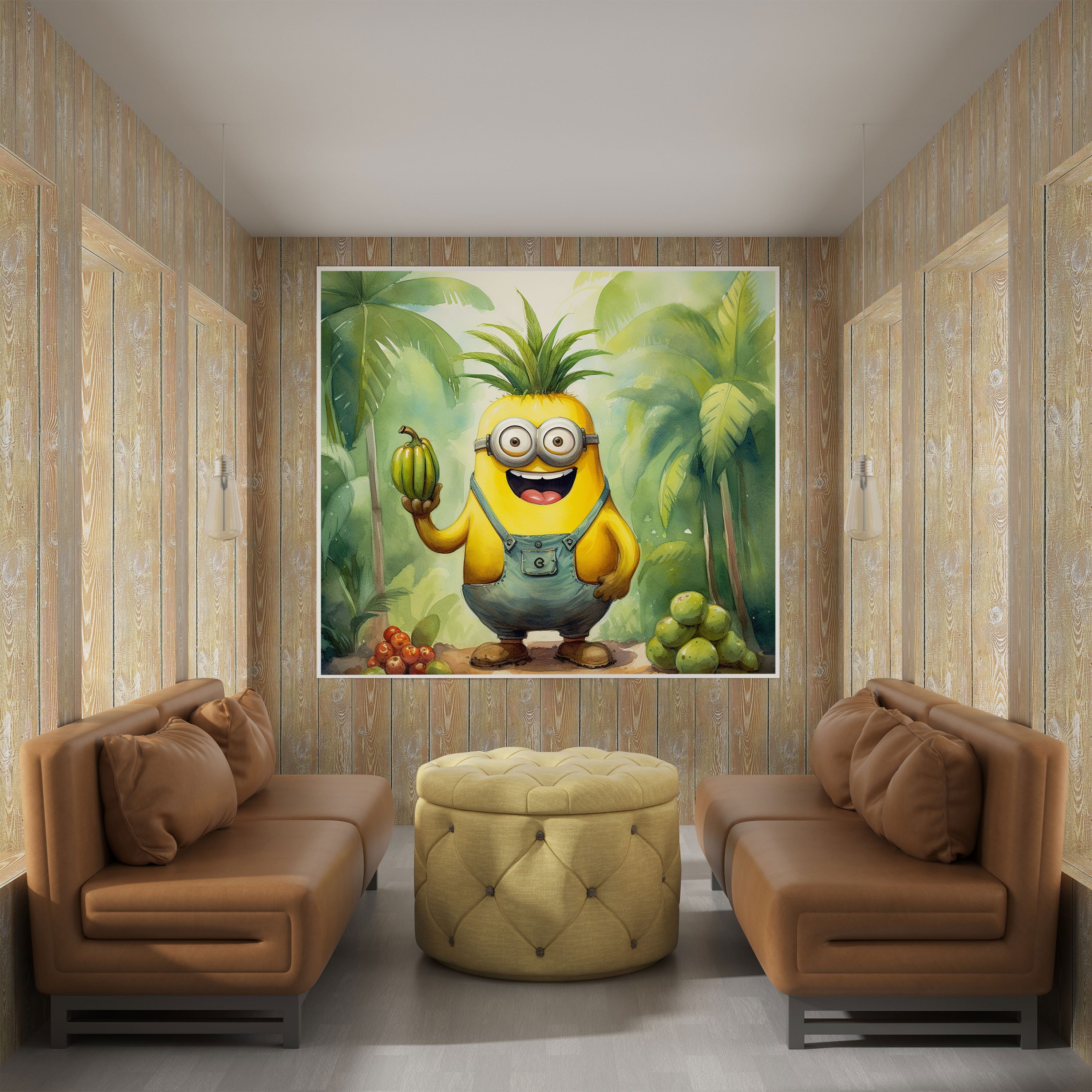 Minions Banana Bunch Canvas Print - Minions, Watercolor Painting, Wall Decoration, Tropical Setting