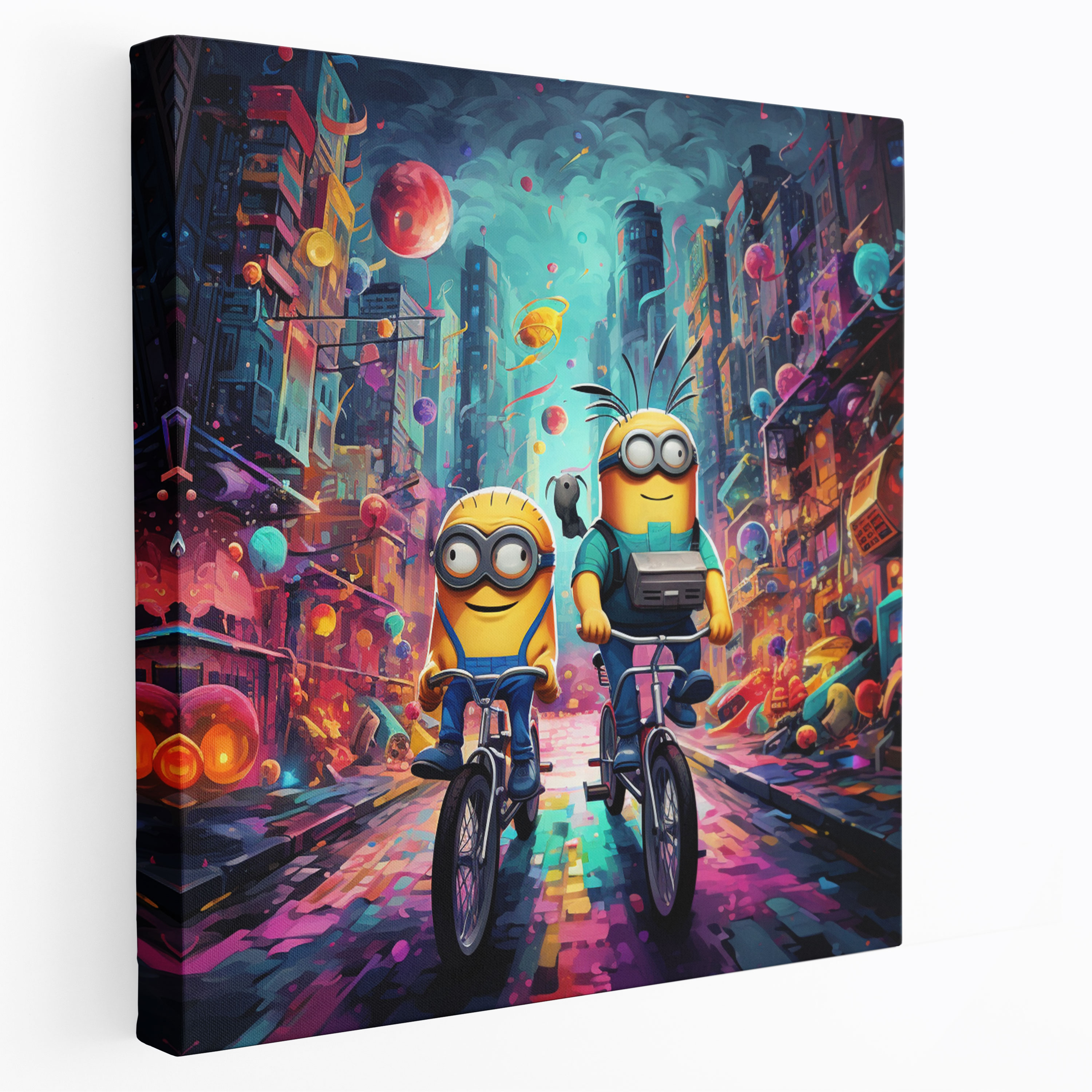 Minions Duvar Dekorasyonu - Eğlenceli Şehir Macerası - Minions Kanvas Duvar Sanatı Bisikletler Kanvas Tablo