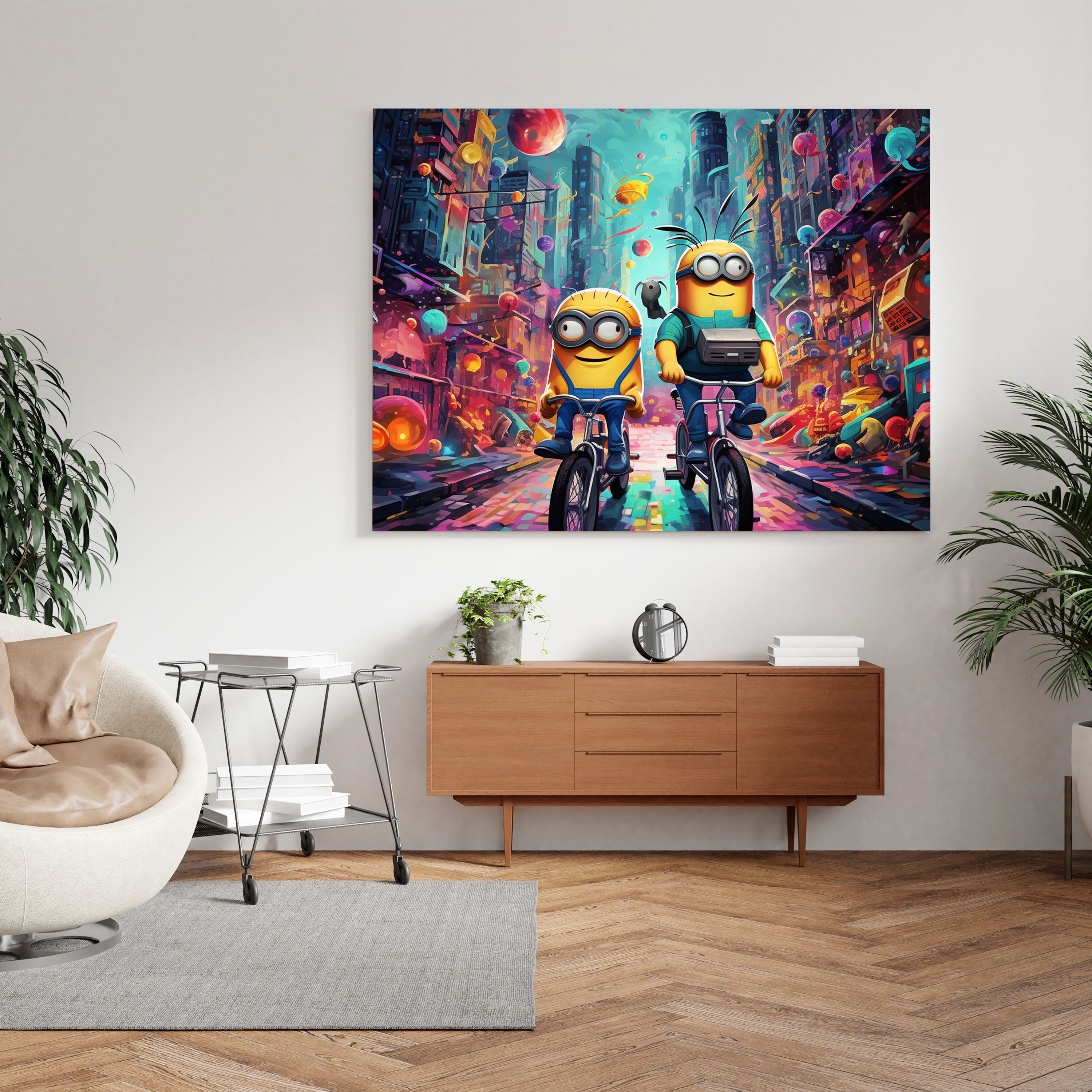 Minions Duvar Dekorasyonu - Eğlenceli Şehir Macerası - Minions Kanvas Duvar Sanatı Bisikletler Kanvas Tablo