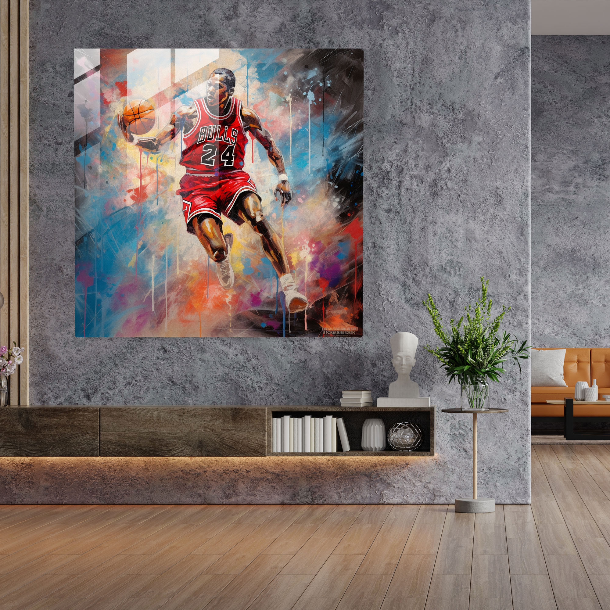 Michael Jordan Abstract Glass Print - Micheal Jordan, Mixed Media, Wall Decoration, Athleticism