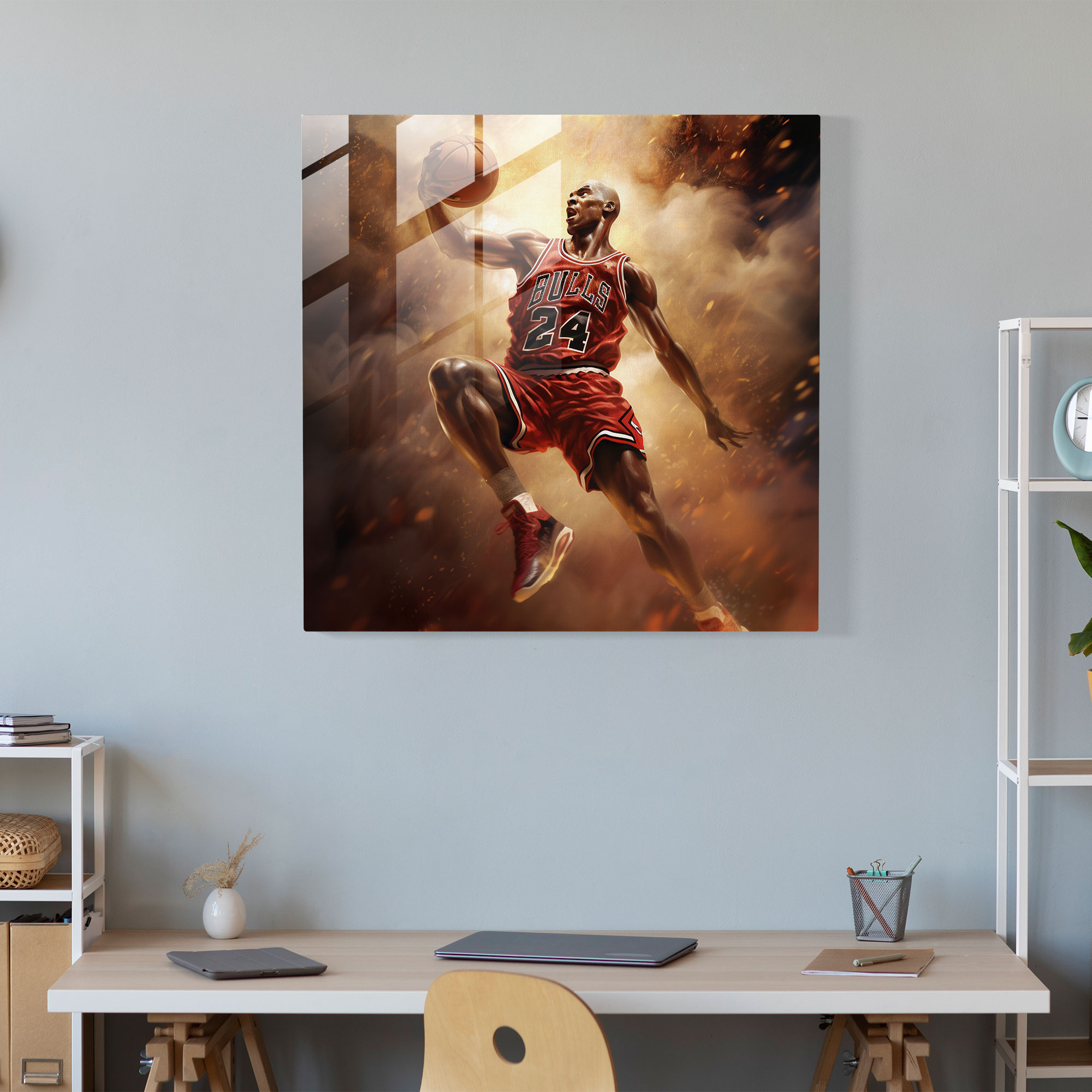 Michael Jordan Glass Print - Mid-Air Dunk - Micheal Jordan, Glass Print, Wall Decoration, Modern Art