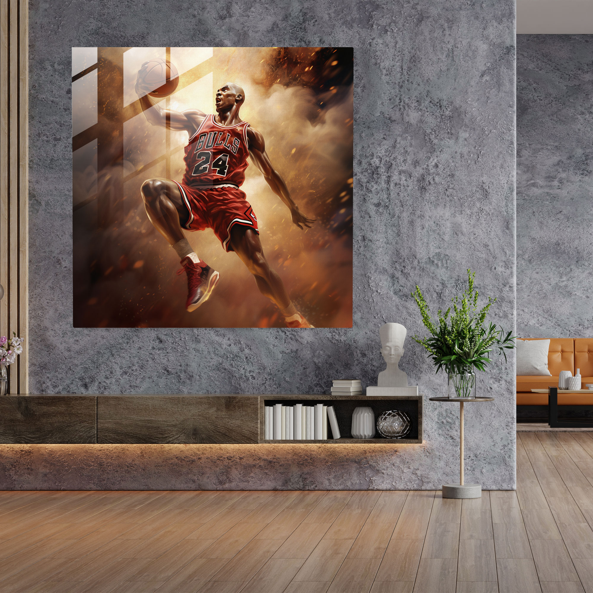 Michael Jordan Glass Print - Mid-Air Dunk - Micheal Jordan, Glass Print, Wall Decoration, Modern Art