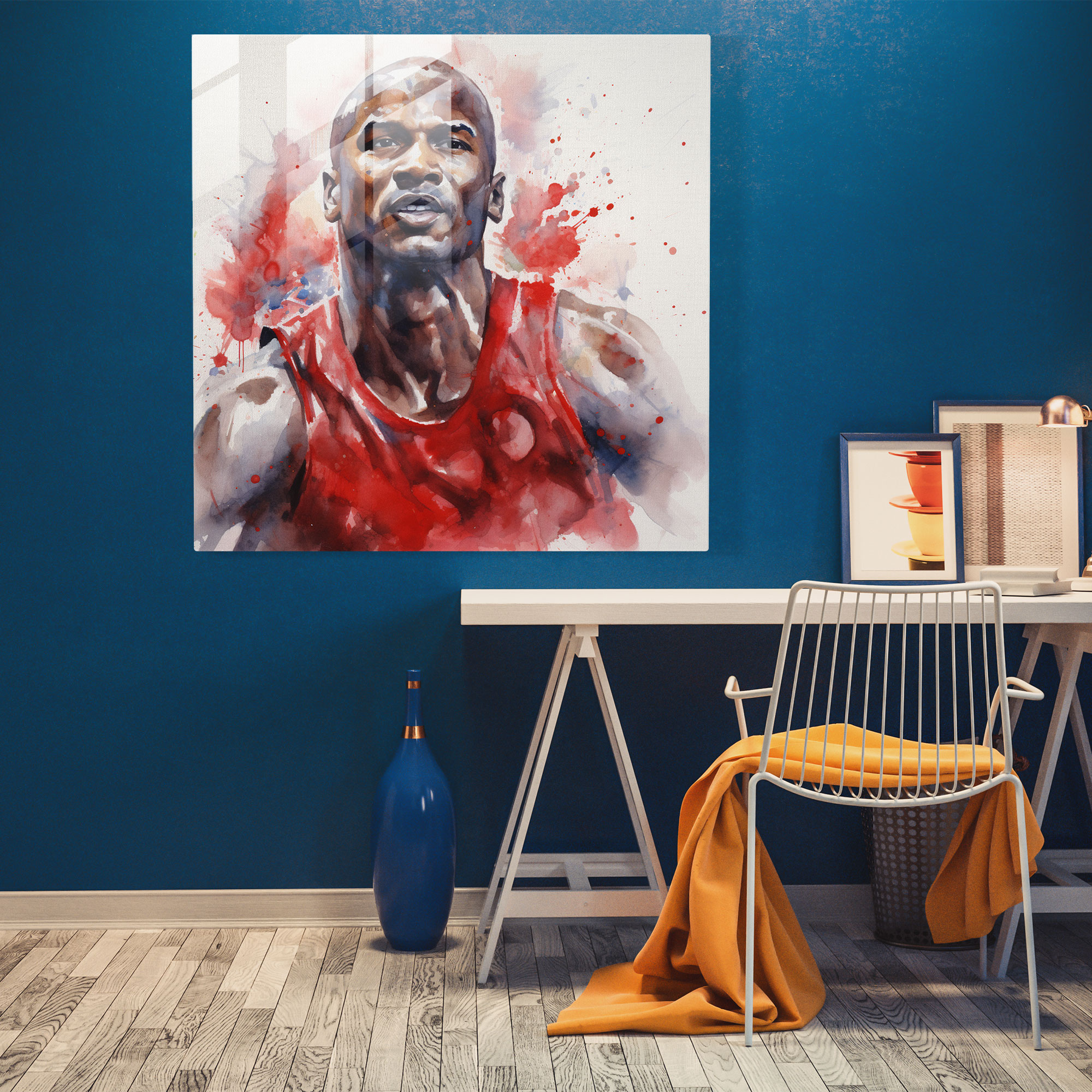Michael Jordan Glass Print - Watercolor Portrait - Micheal Jordan, Wall Decoration, Modern Art, Grace