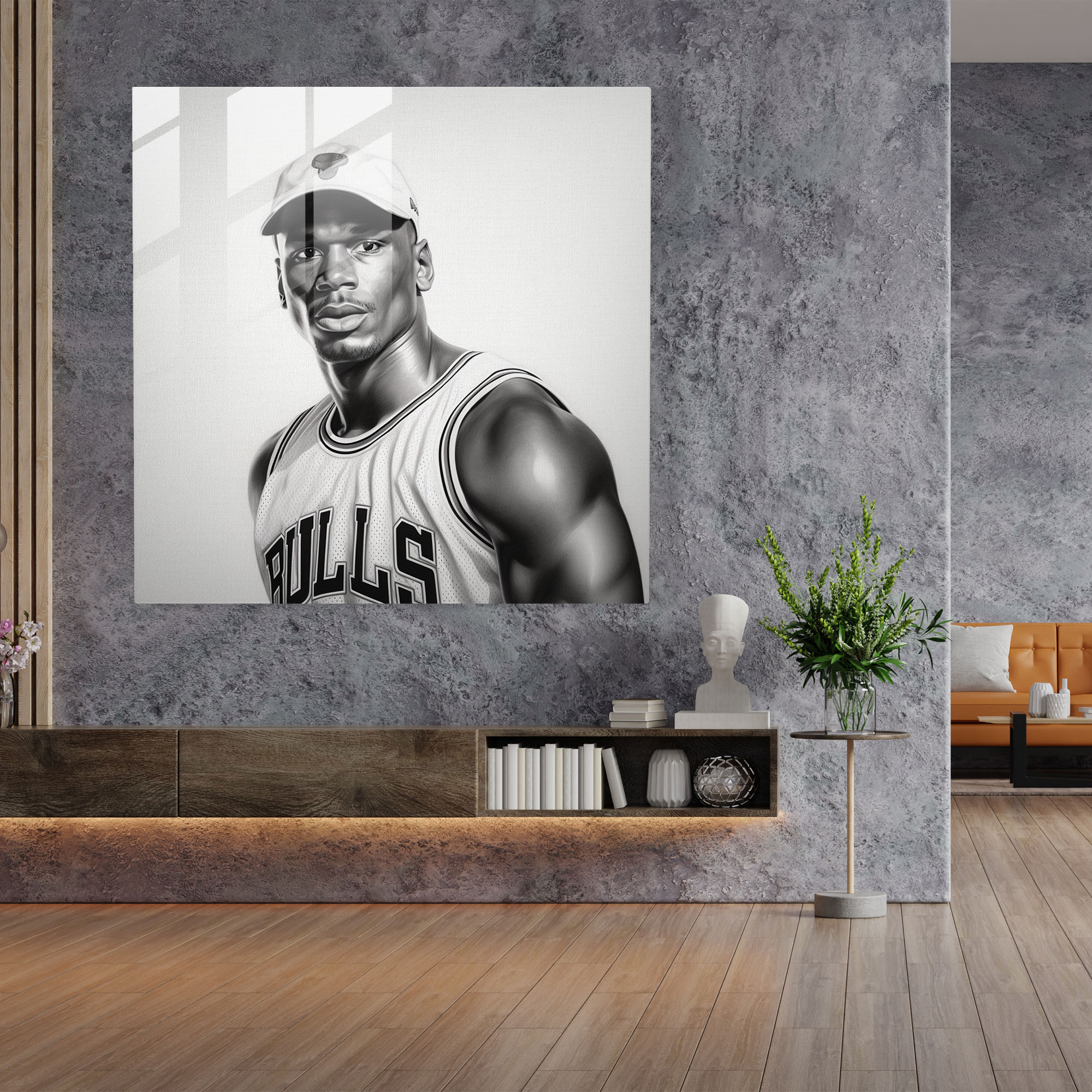 Glasbild Michael Jordan - Realistische Bleistiftskizze - Moderne Kunst