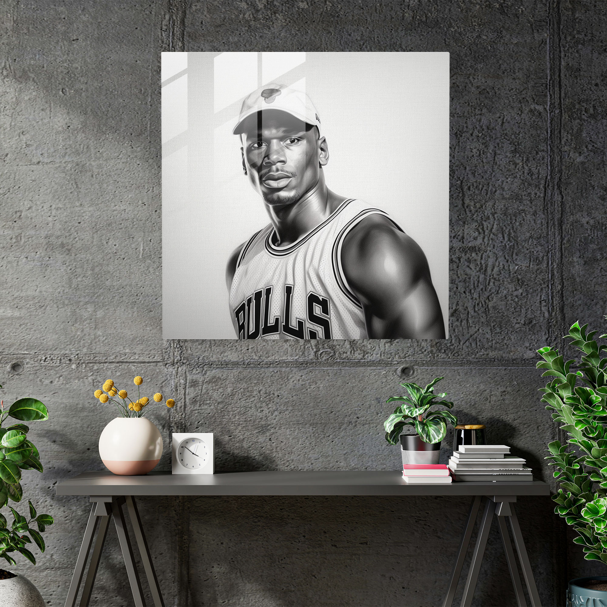 Glasbild Michael Jordan - Realistische Bleistiftskizze - Moderne Kunst