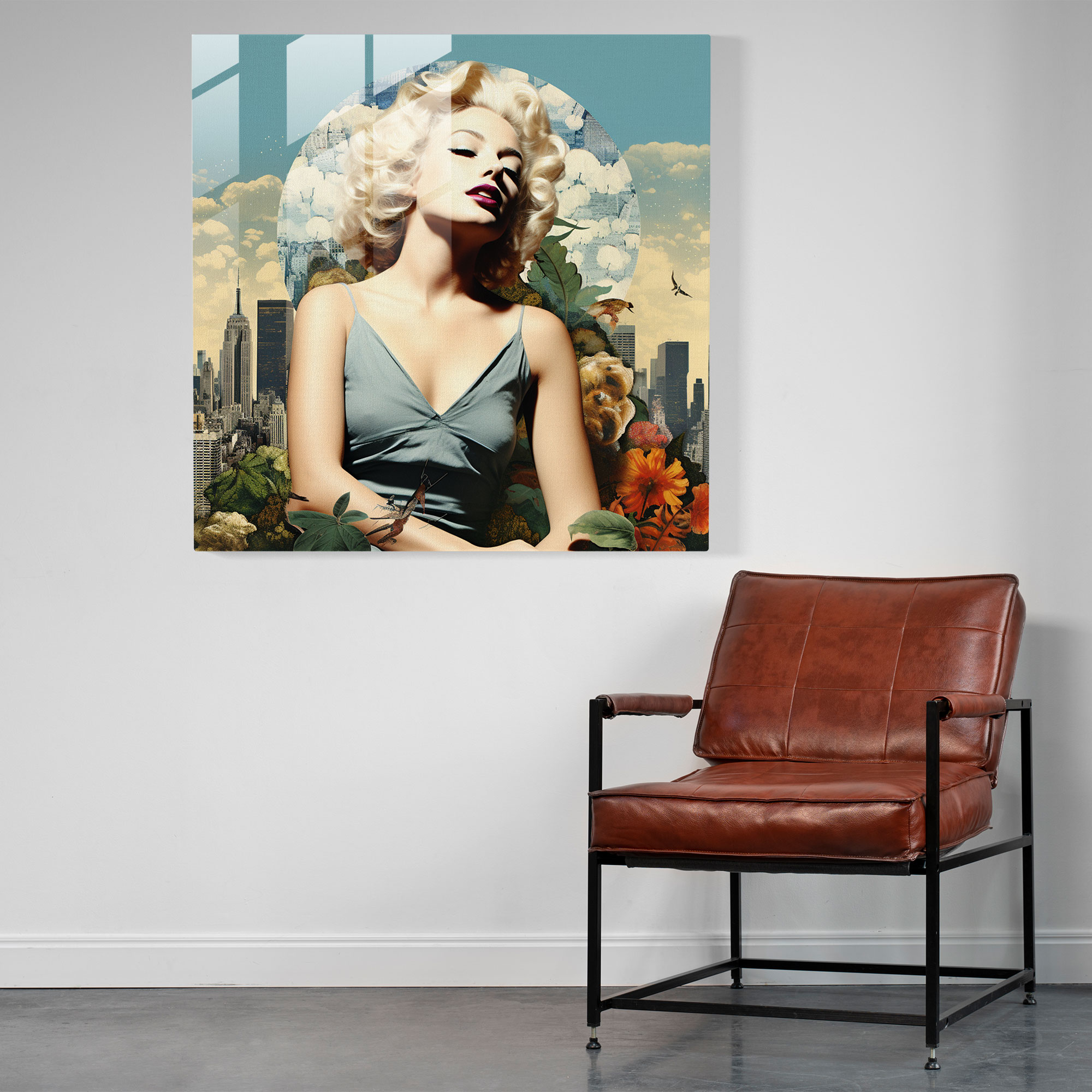 Surreal Marilyn Monroe Glass Print - Marilyn Monroe, Glass Art, Cityscape, Surreal Collage