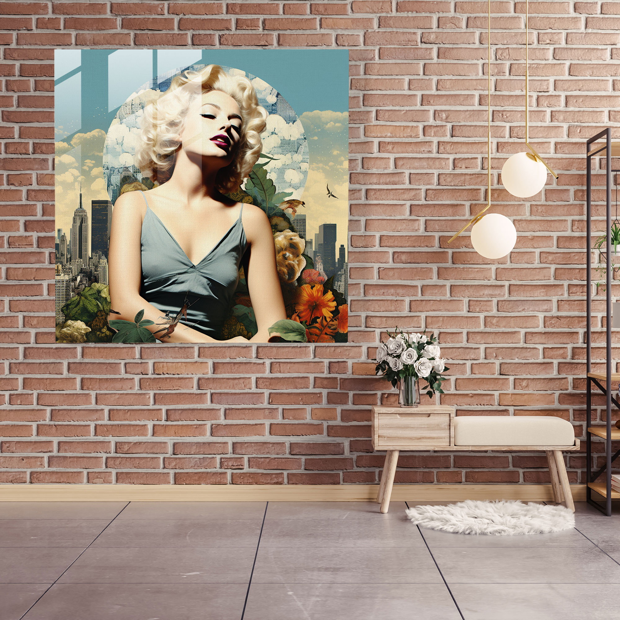 Surreal Marilyn Monroe Glass Print - Marilyn Monroe, Glass Art, Cityscape, Surreal Collage