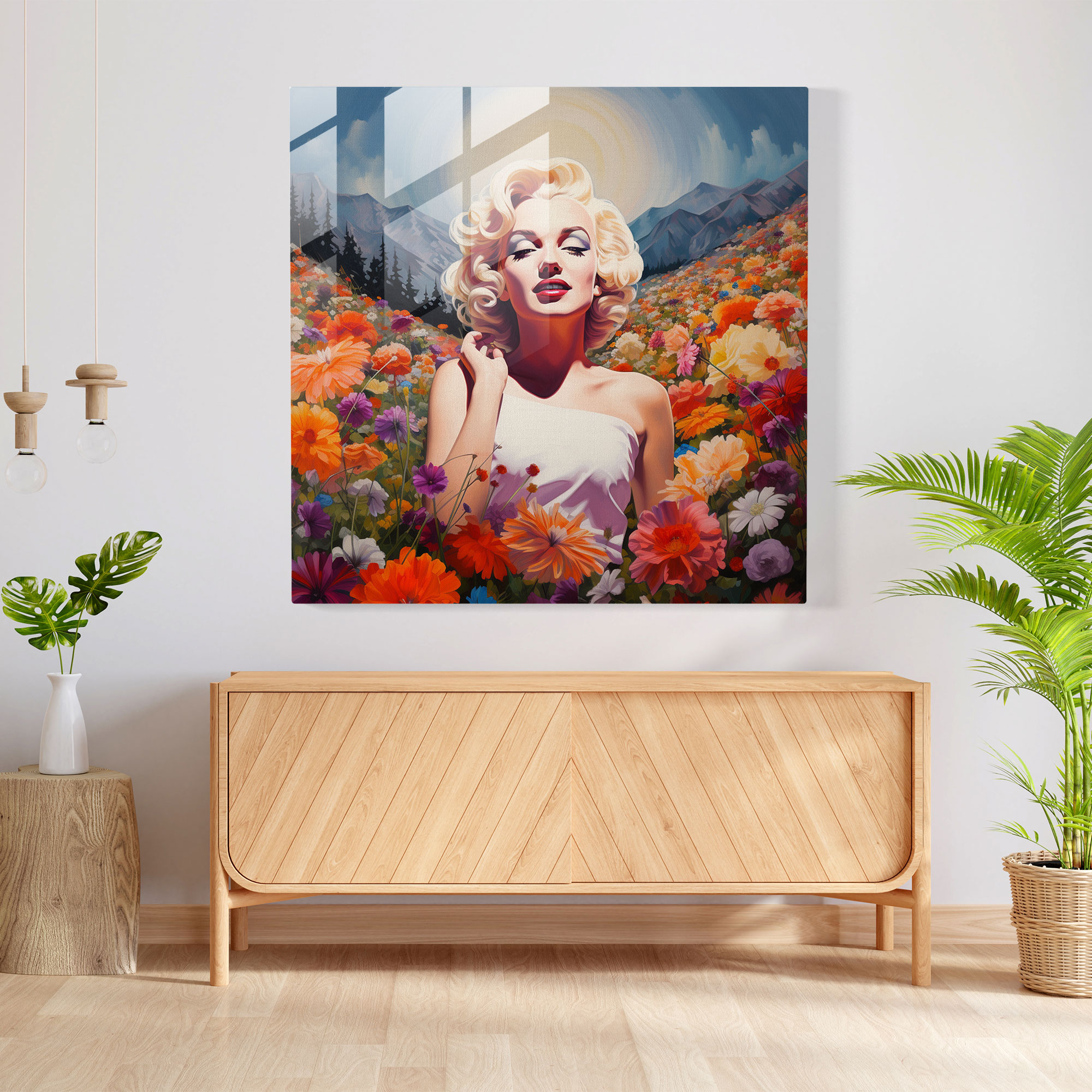 Marilyn Monroe Flower Field Glass Print - Marilyn Monroe, Modern Art, Vibrant Flowers, Flower Field