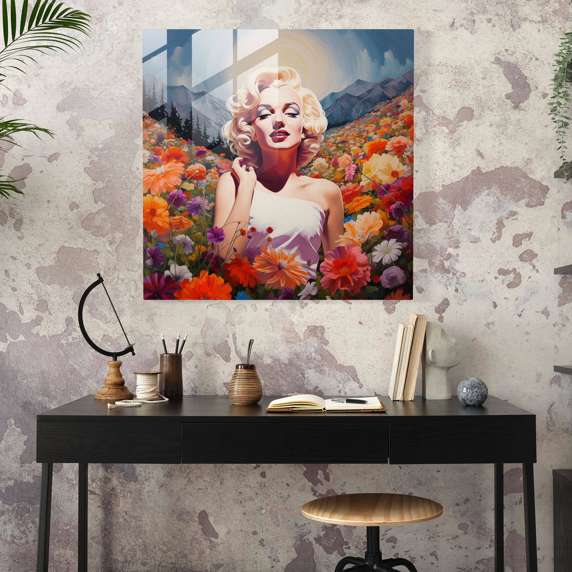 Marilyn Monroe Flower Field Glass Print - Marilyn Monroe, Modern Art, Vibrant Flowers, Flower Field