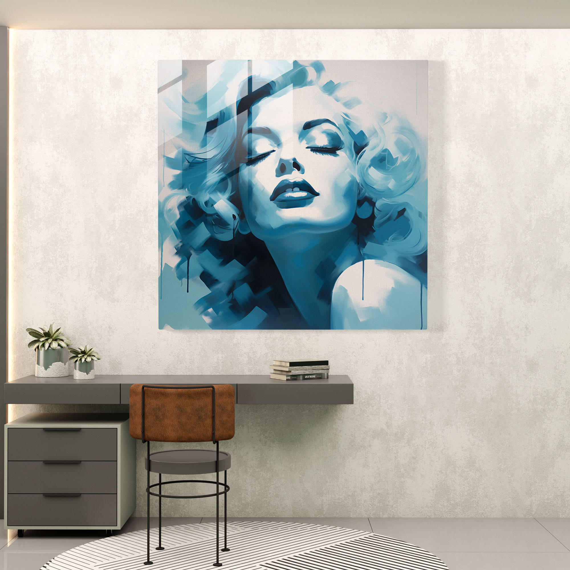 Marilyn Monroe Glass Print - Abstract Silhouette - Marilyn Monroe, Home Decoration, Glass Art, Shades Of Blue