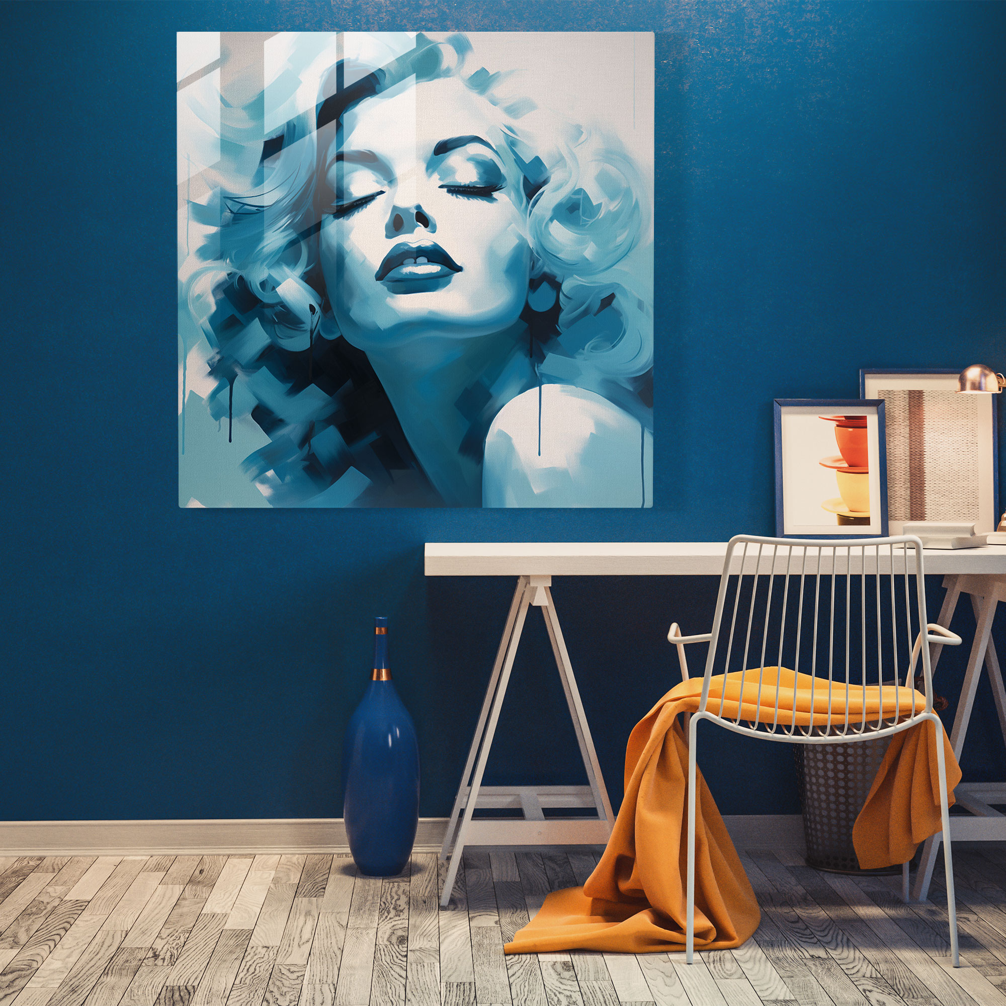 Marilyn Monroe Glass Print - Abstract Silhouette - Marilyn Monroe, Home Decoration, Glass Art, Shades Of Blue