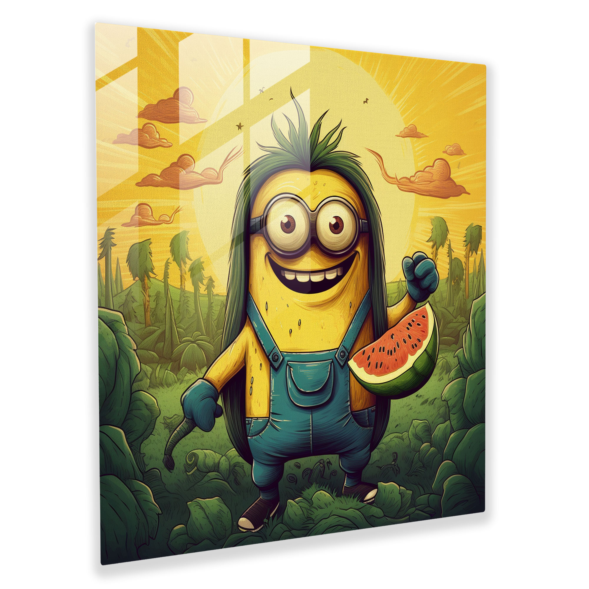 Whimsical Glass Print - Bob The Minion Playing With A Banana - Minions, Vibrant Color Palette, Wall Decoration, Minions