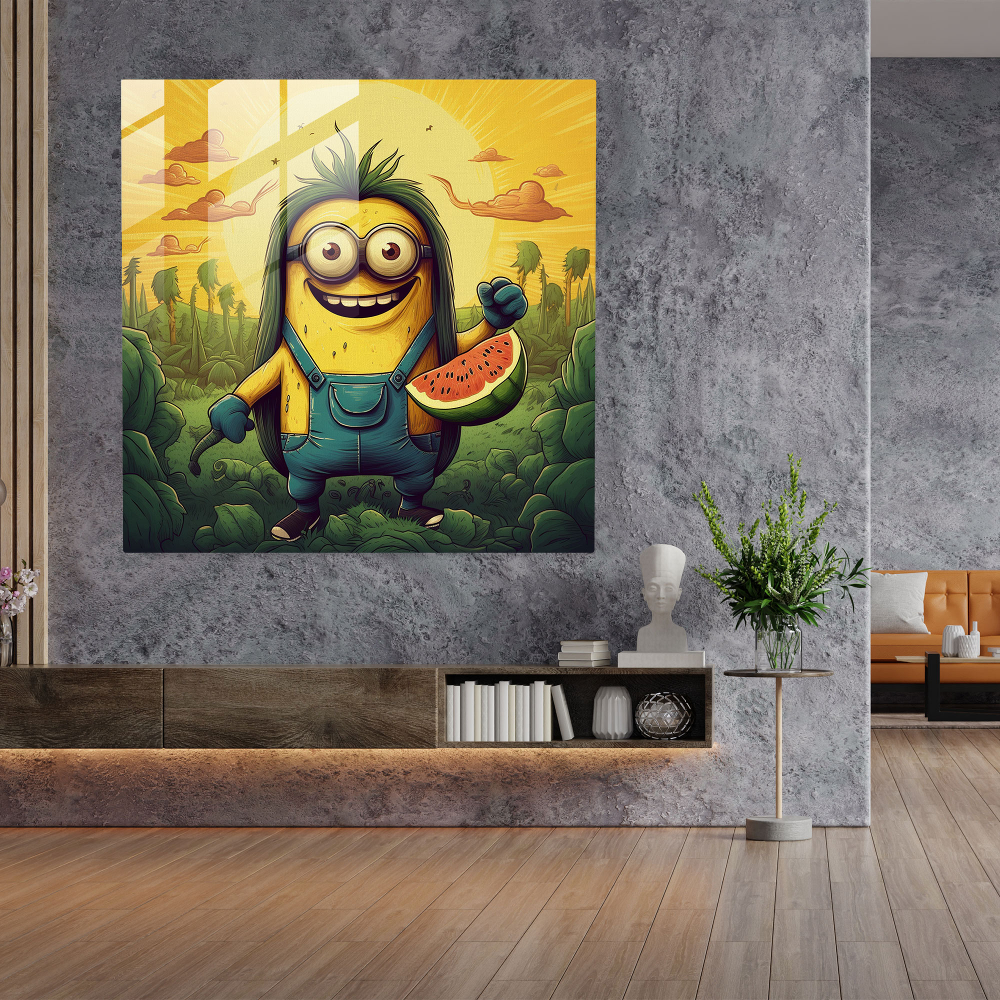 Whimsical Glass Print - Bob The Minion Playing With A Banana - Minions, Vibrant Color Palette, Wall Decoration, Minions