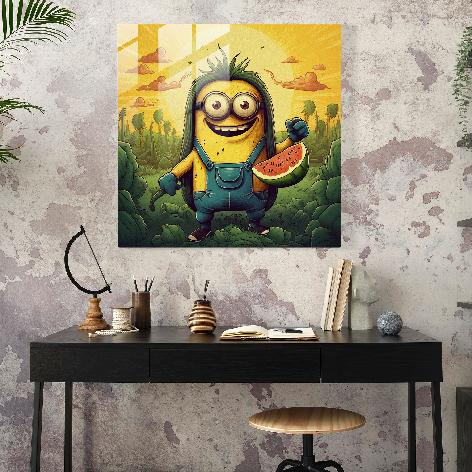 Whimsical Glass Print - Bob The Minion Playing With A Banana - Minions, Vibrant Color Palette, Wall Decoration, Minions