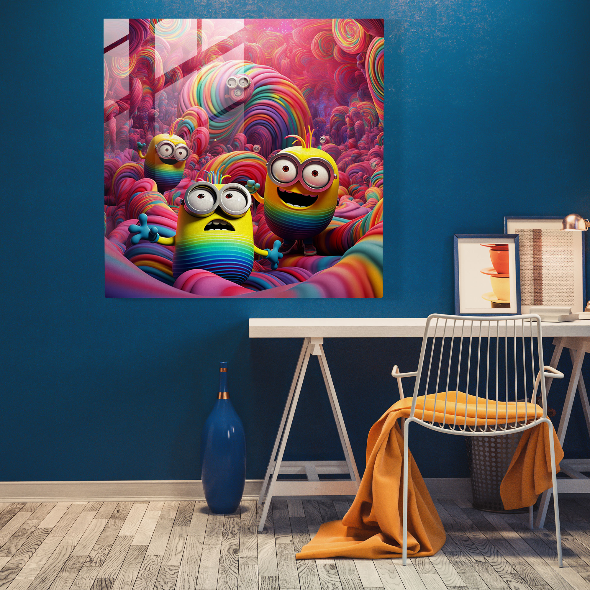 Abstract Glass Print - Minions In Swirling Rainbow Background - Minions, Home Decoration, Abstract, Surrealism