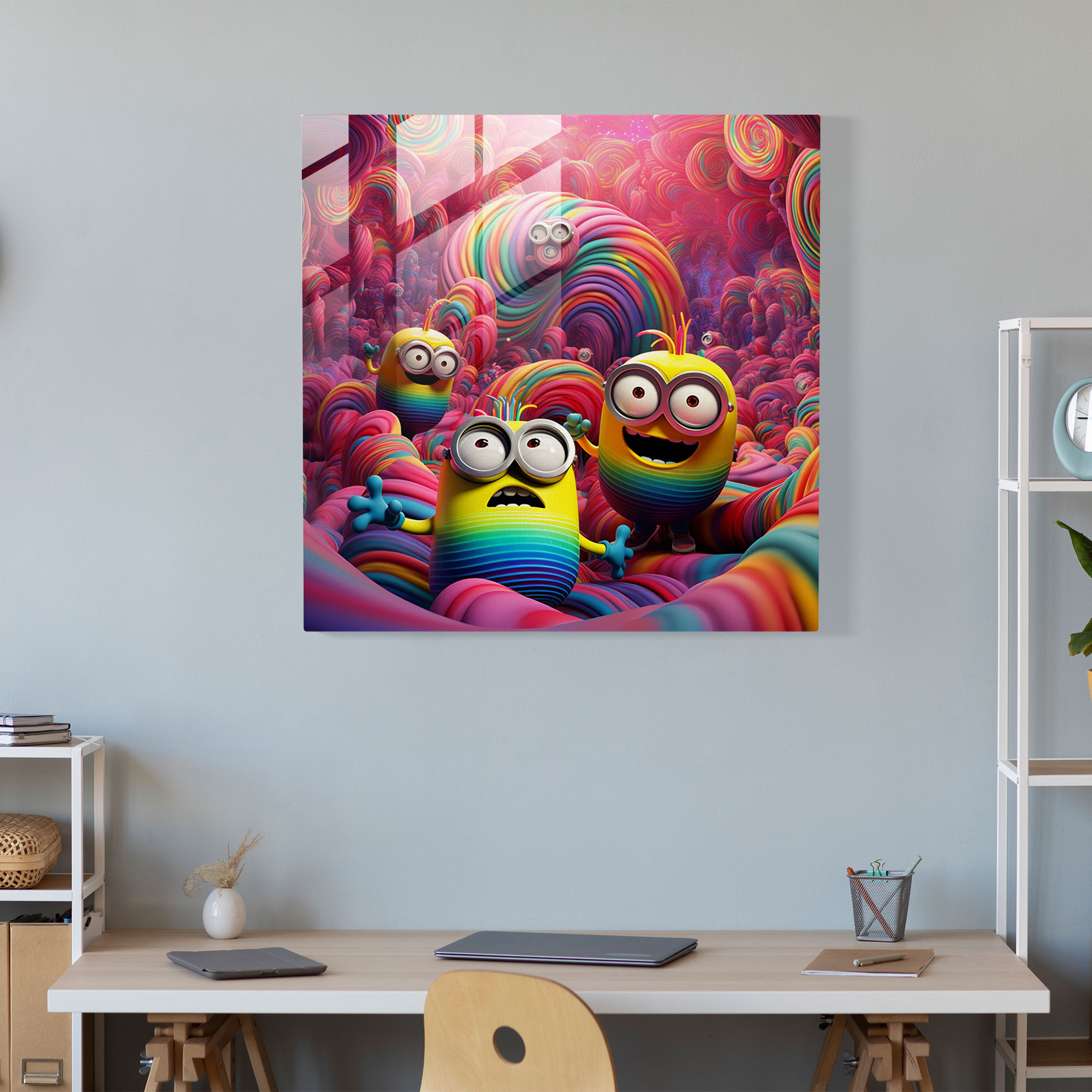 Abstract Glass Print - Minions In Swirling Rainbow Background - Minions, Home Decoration, Abstract, Surrealism