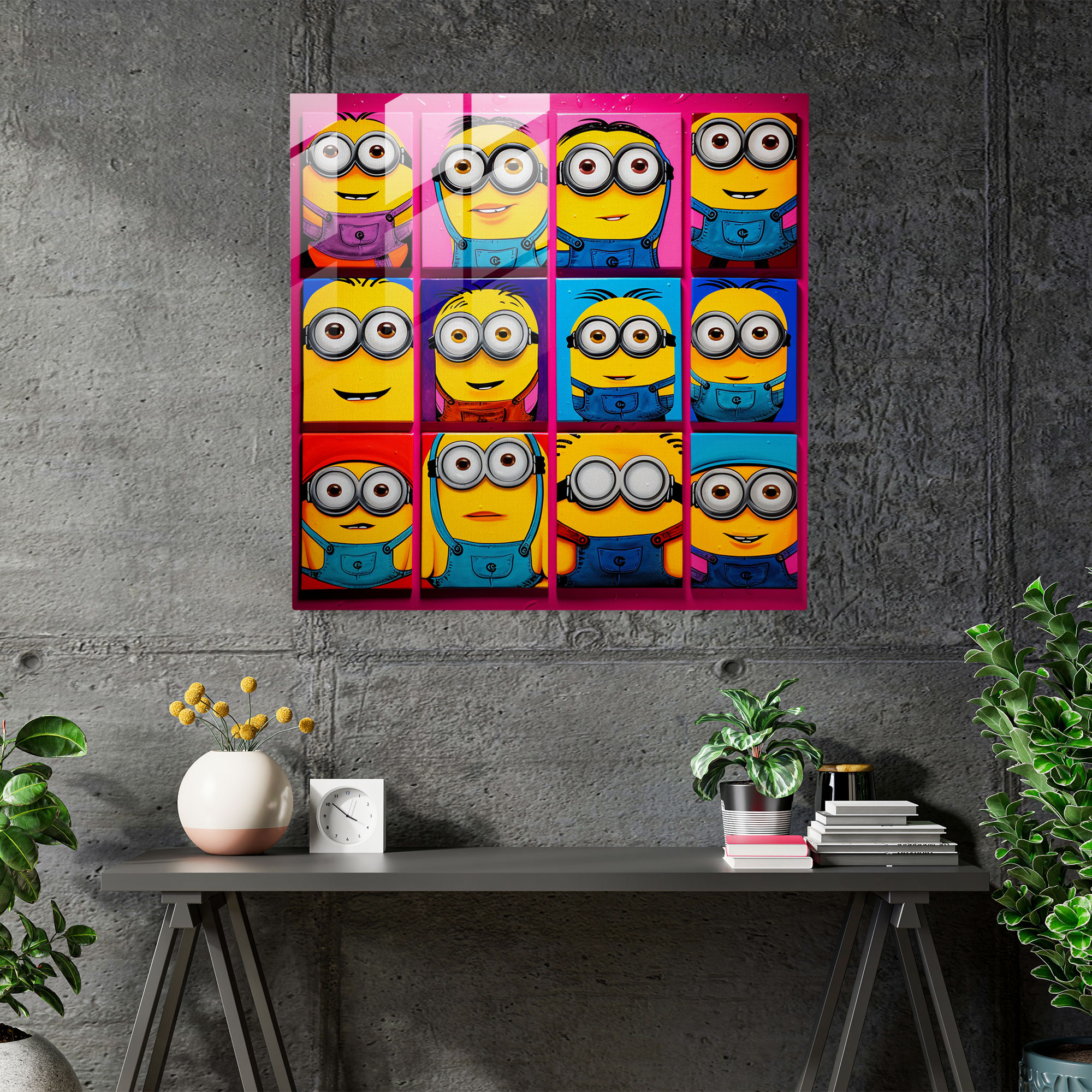 Pop Art Cam Tablo - Minyon Yüzlerinin Izgarası - Minyonlar Cam Duvar Sanatı Cesur Renkler Modern Sanat