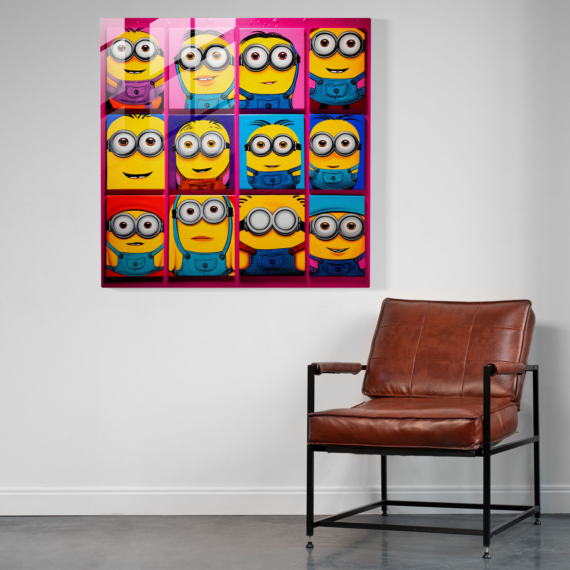 Pop Art Cam Tablo - Minyon Yüzlerinin Izgarası - Minyonlar Cam Duvar Sanatı Cesur Renkler Modern Sanat