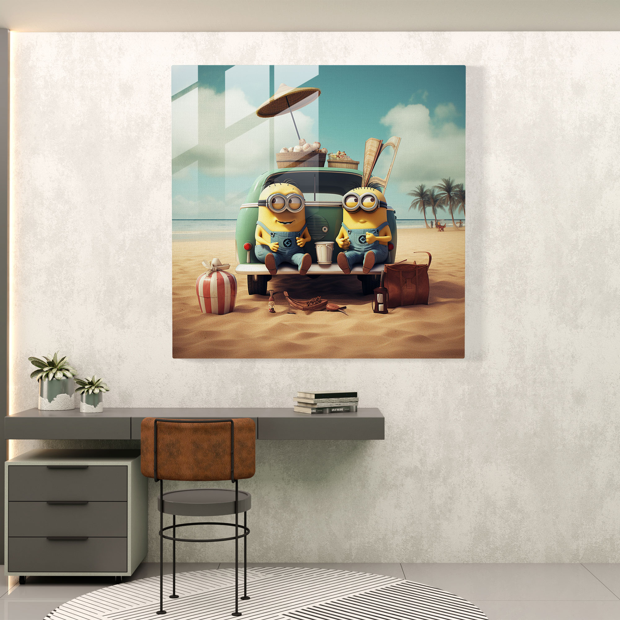 Retro Cam Tablo - Minions Plajda - Minions Vintage Esintiler Plaj