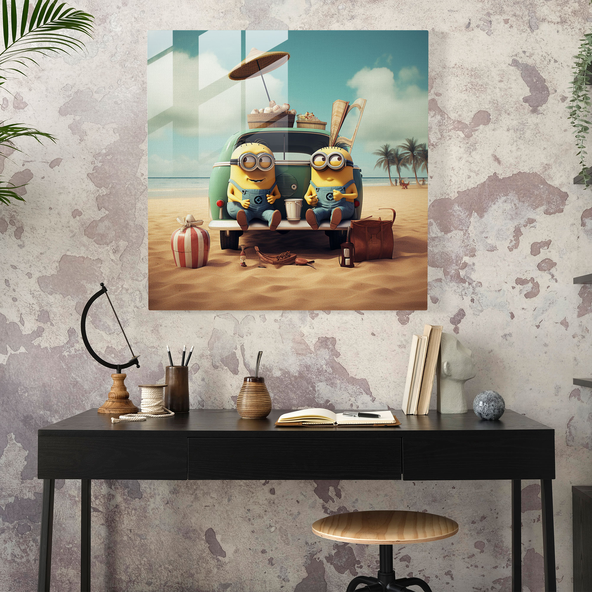 Retro Cam Tablo - Minions Plajda - Minions Vintage Esintiler Plaj