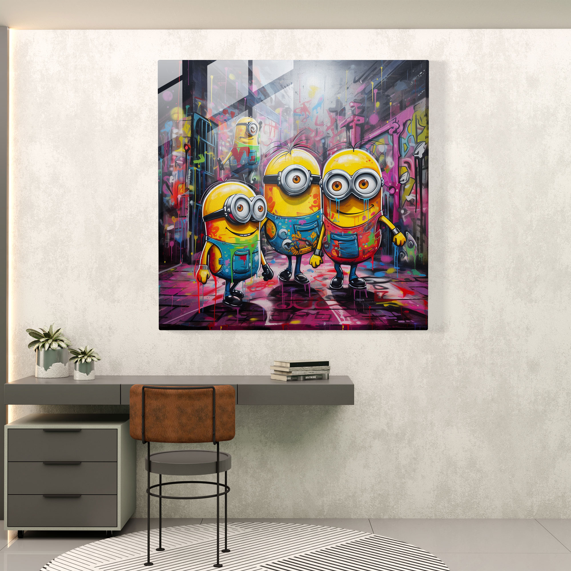 Graffiti Glass Print - Minions In Urban Setting - Minions, Graffiti Style, Wall Decoration, Modern Art
