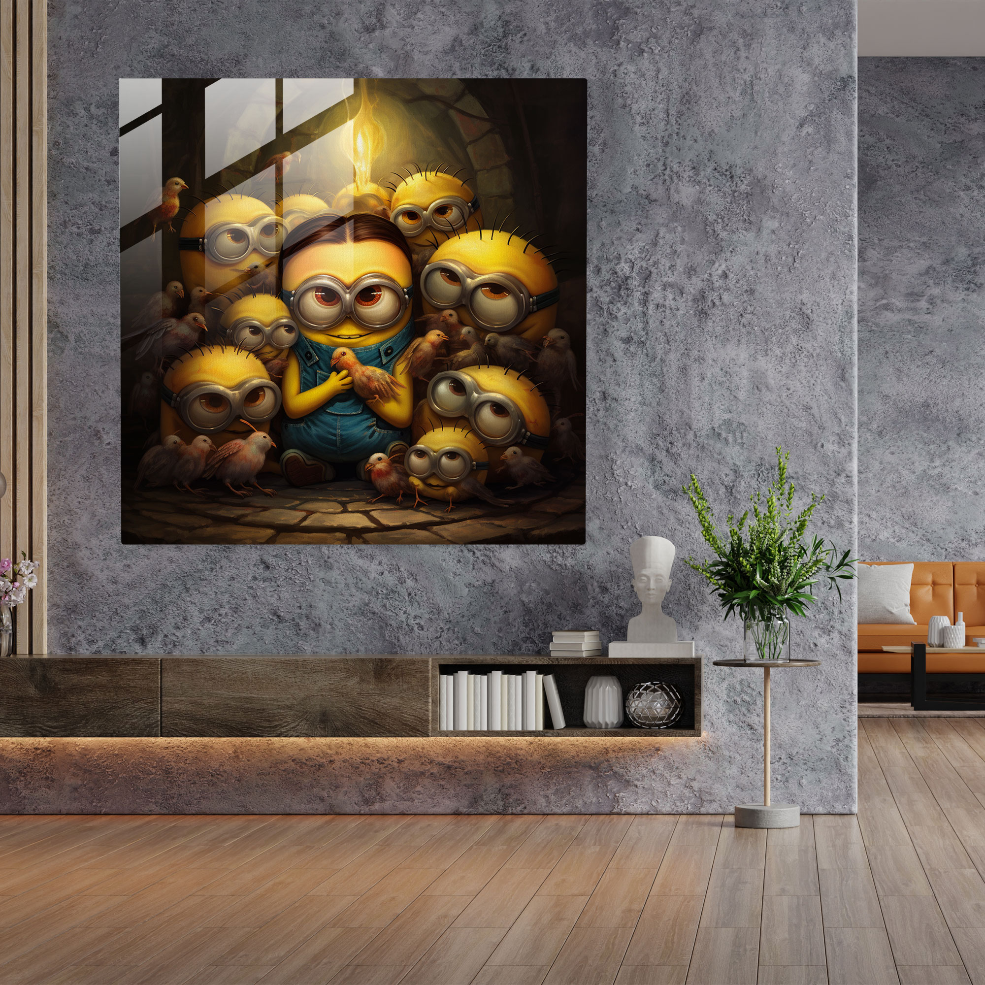 Minions Kavanoz Tablo - Sevimli Minions Sarılma Cam Tablo