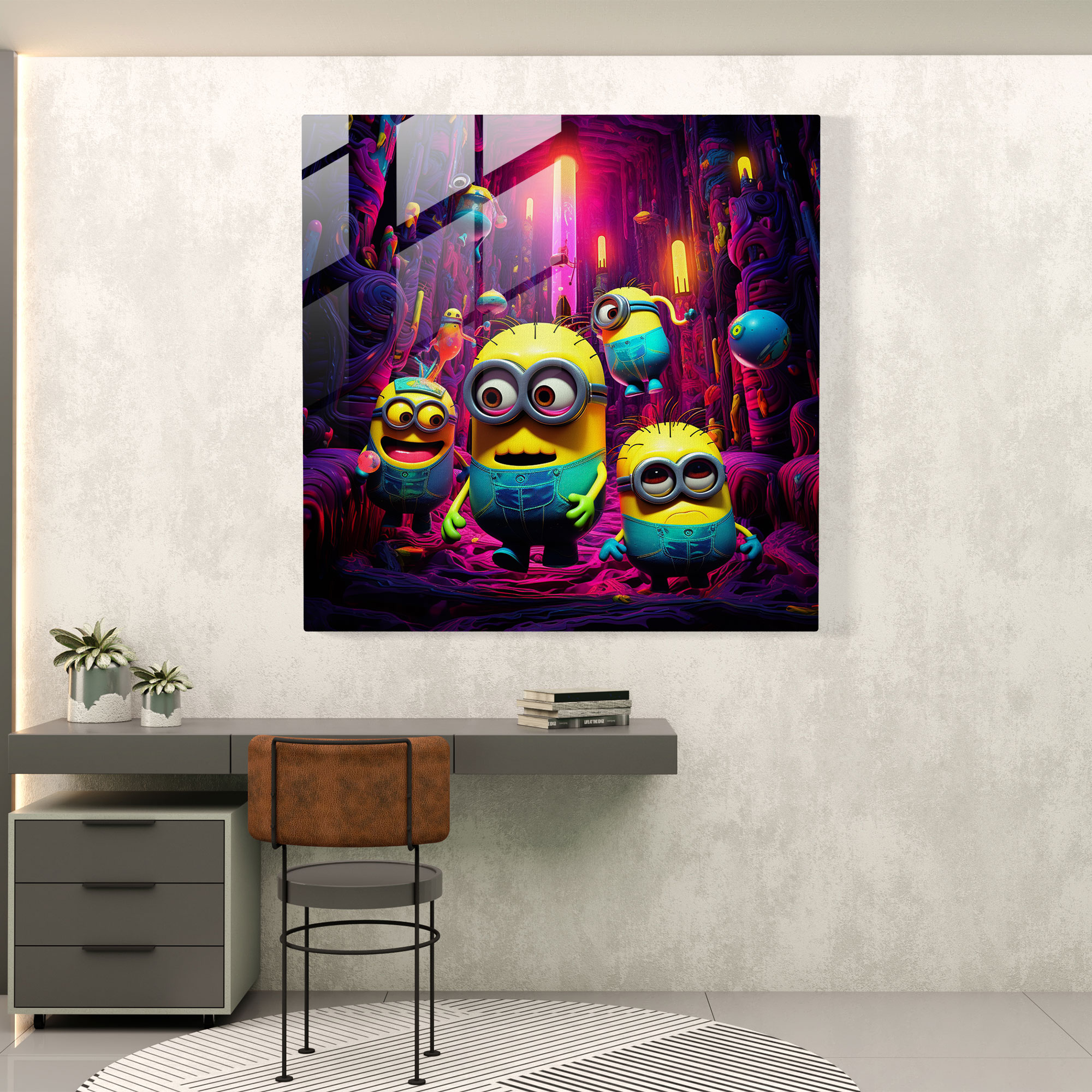 Minions Glass Print - Abstract Neon Artwork - Minions, Modern Art, Wall Decoration, Home Decoration