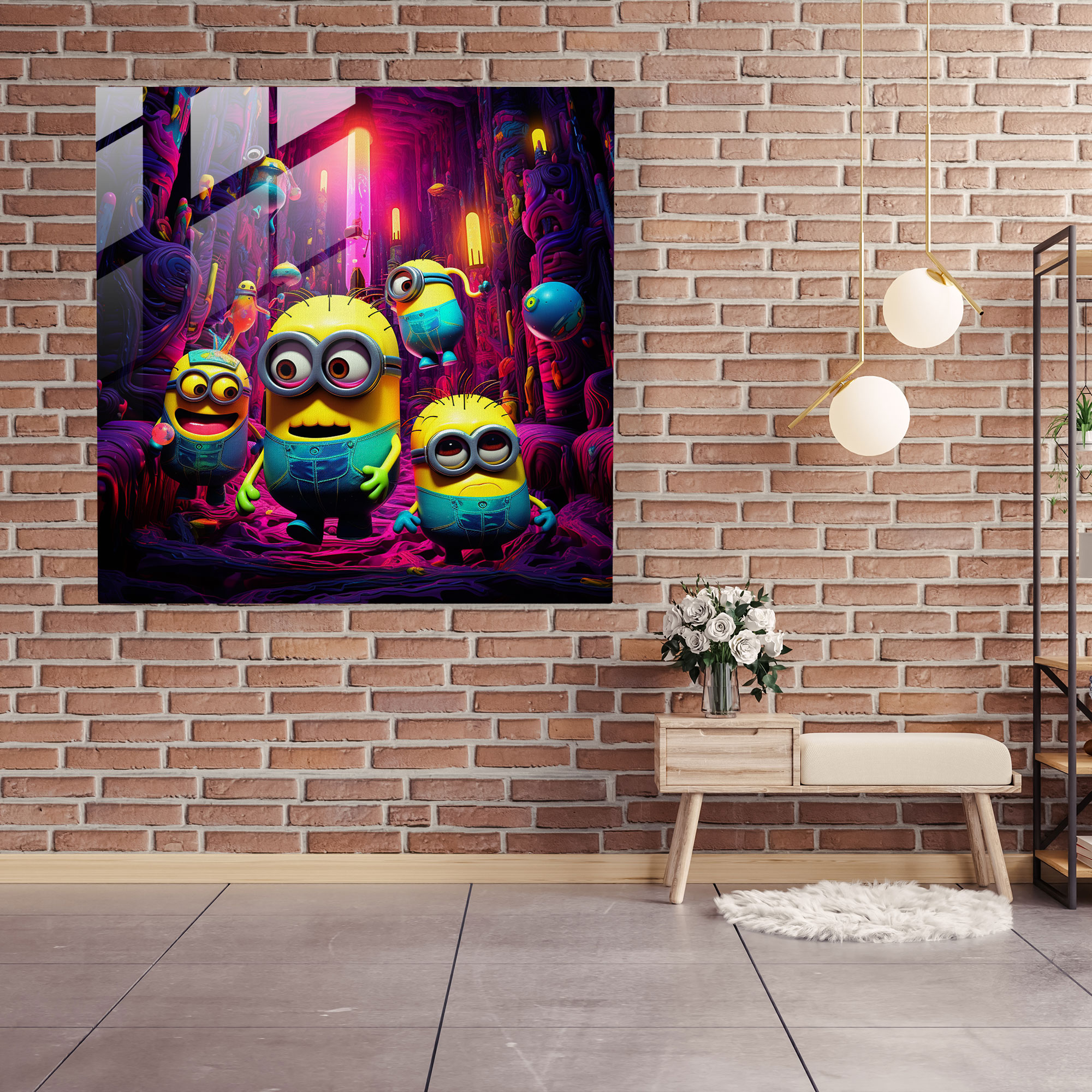 Minions Glass Print - Abstract Neon Artwork - Minions, Modern Art, Wall Decoration, Home Decoration