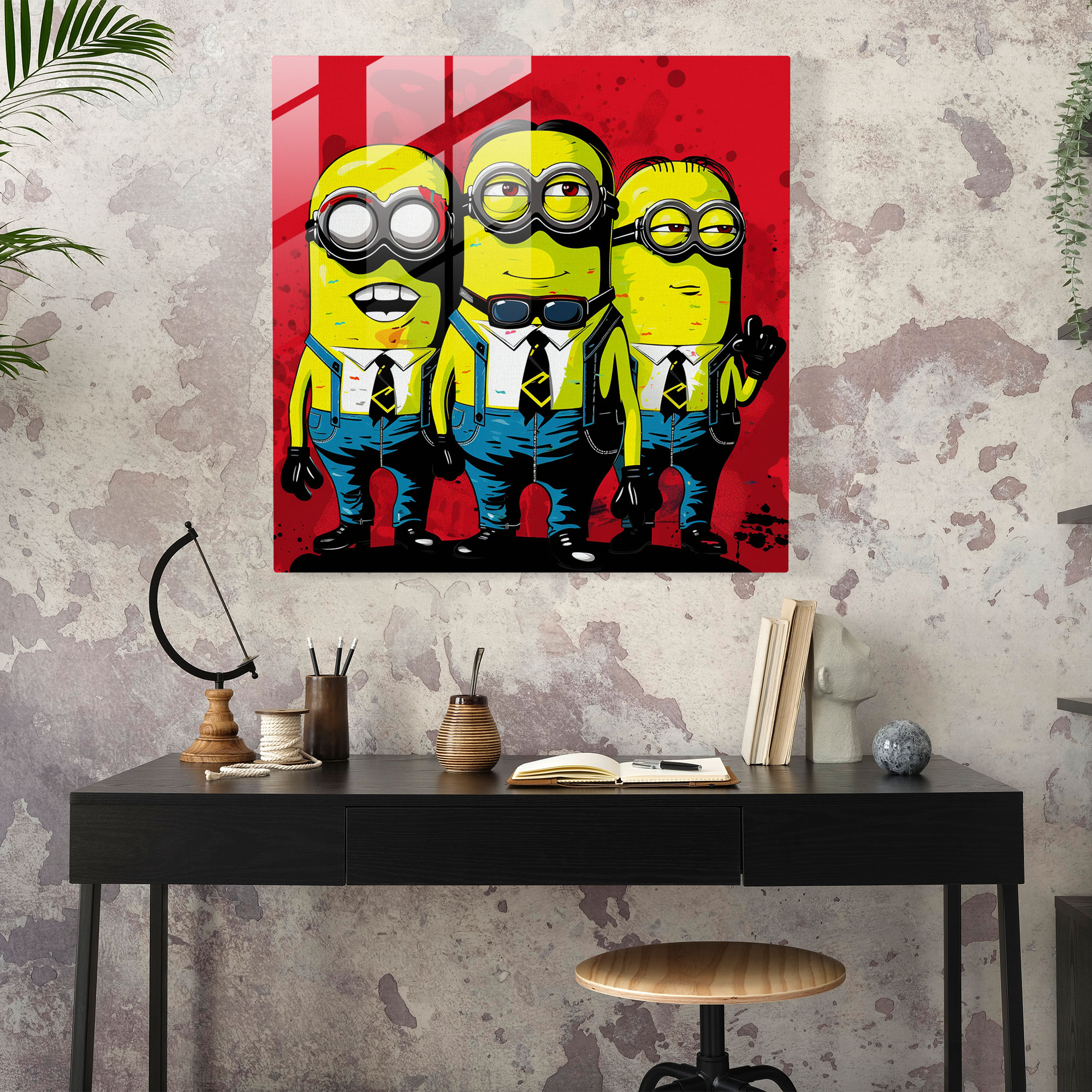 Minions Cam Tablo - Pop Sanat Tarzı - Minions Cam Sanatı Cam Tablo Cam Duvar Sanatı