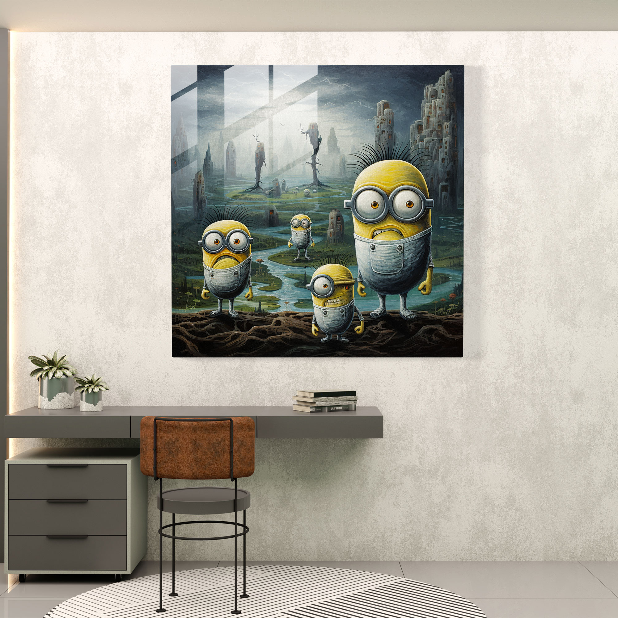 Minions Cam Tablo - Surrealist Rüya - Minions Modern Sanat Cam Tablo Cam Sanatı