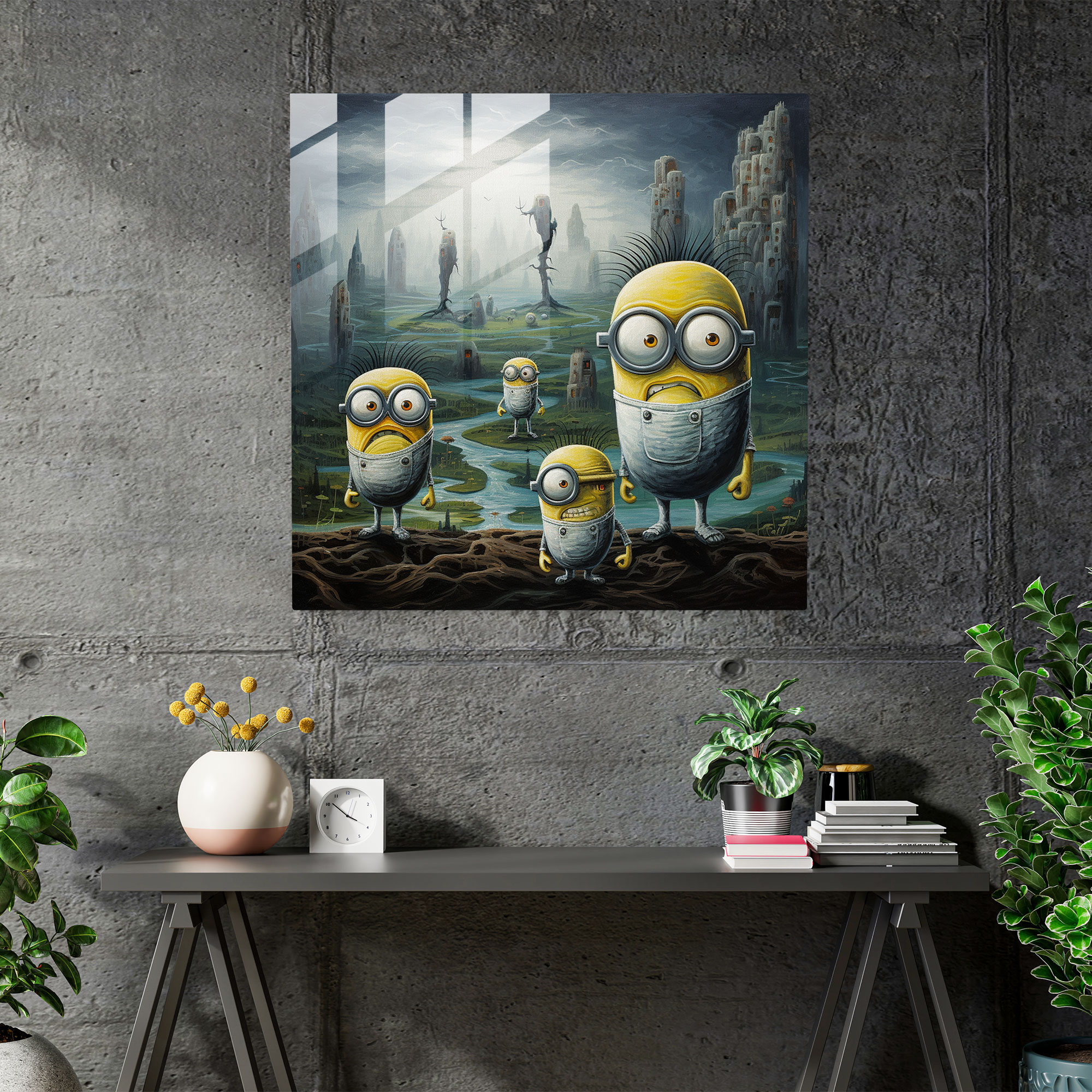 Minions Cam Tablo - Surrealist Rüya - Minions Modern Sanat Cam Tablo Cam Sanatı