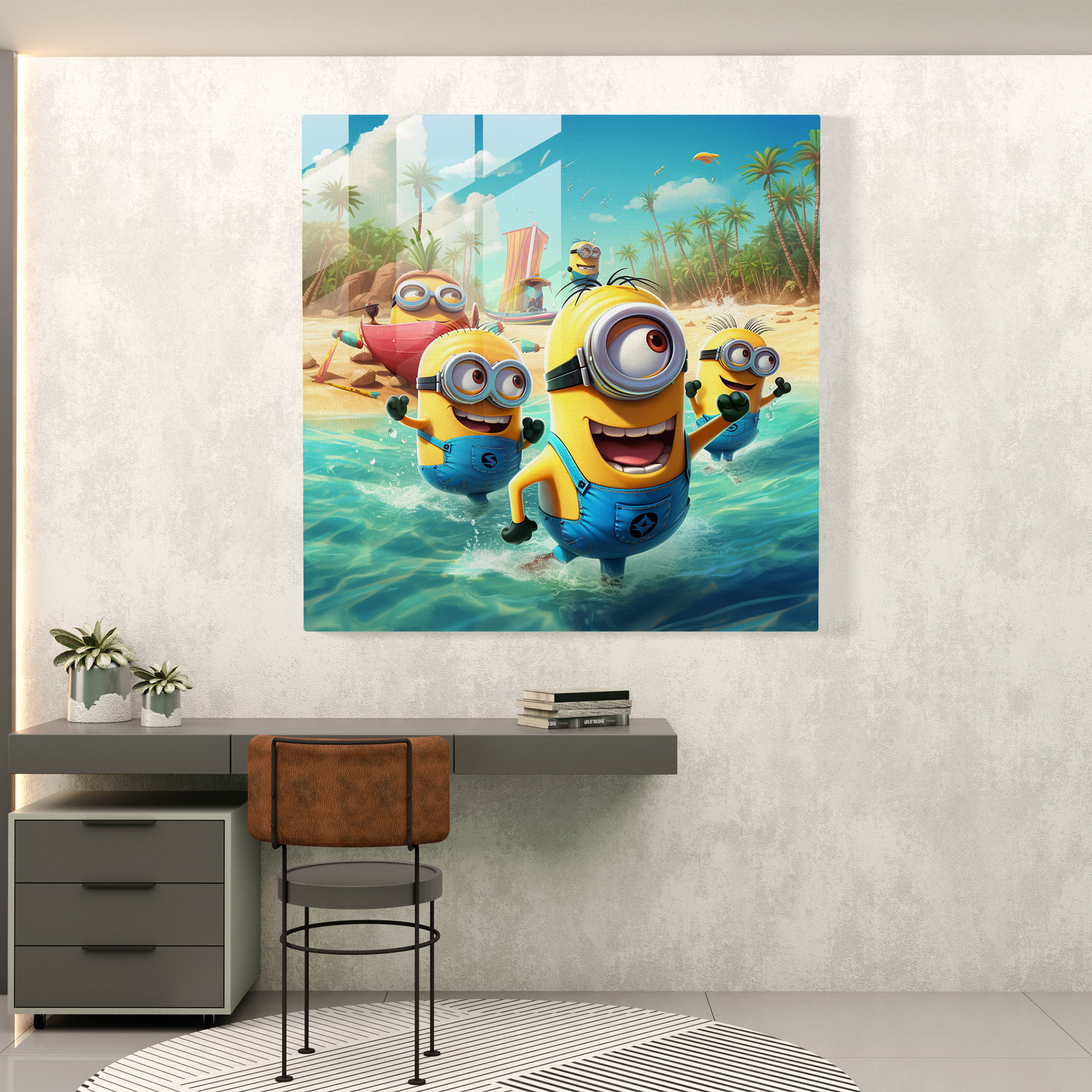 Minions Beach Day Glass Print - Minions, Modern Art, Glass Wall Art, Glass Art