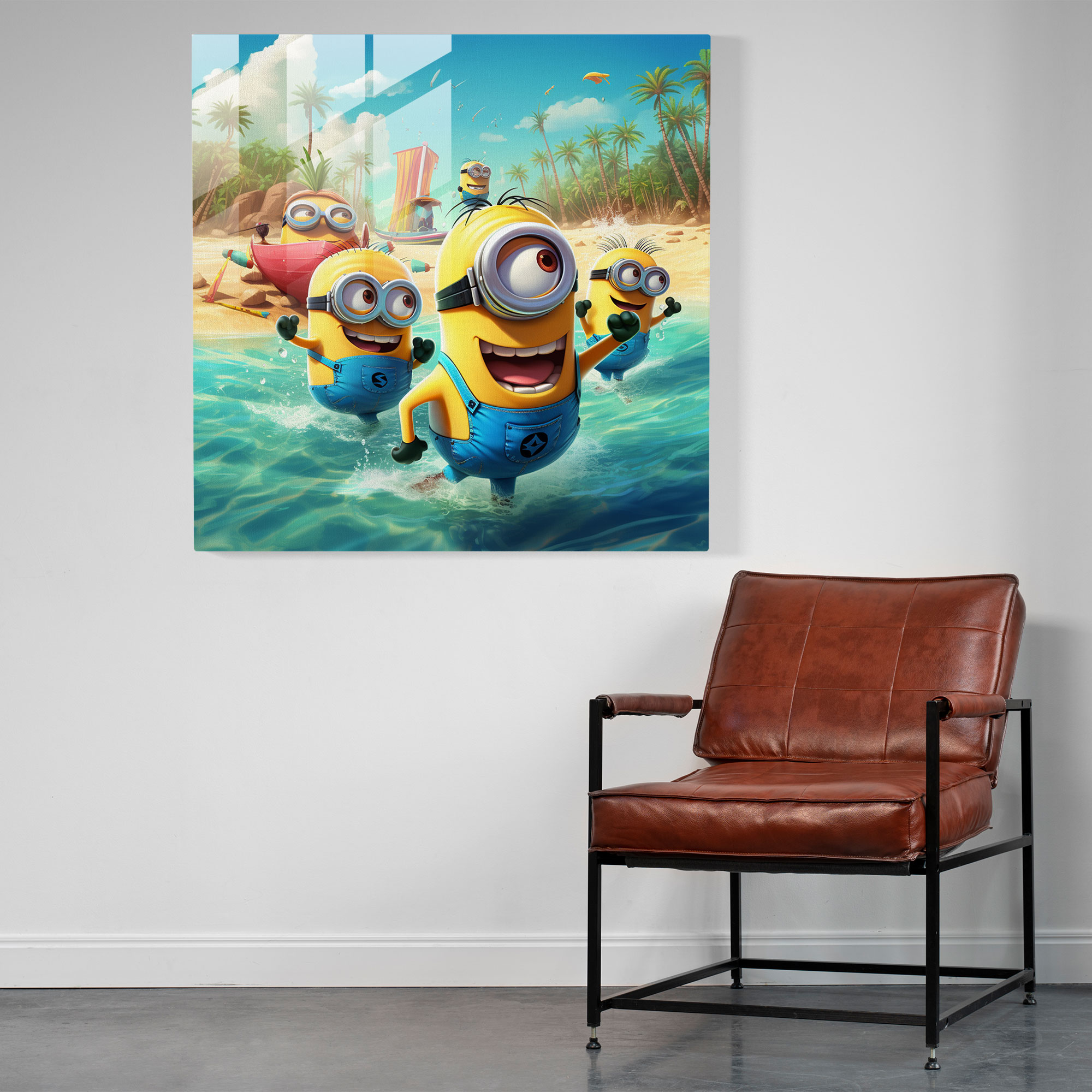 Minions Beach Day Glass Print - Minions, Modern Art, Glass Wall Art, Glass Art