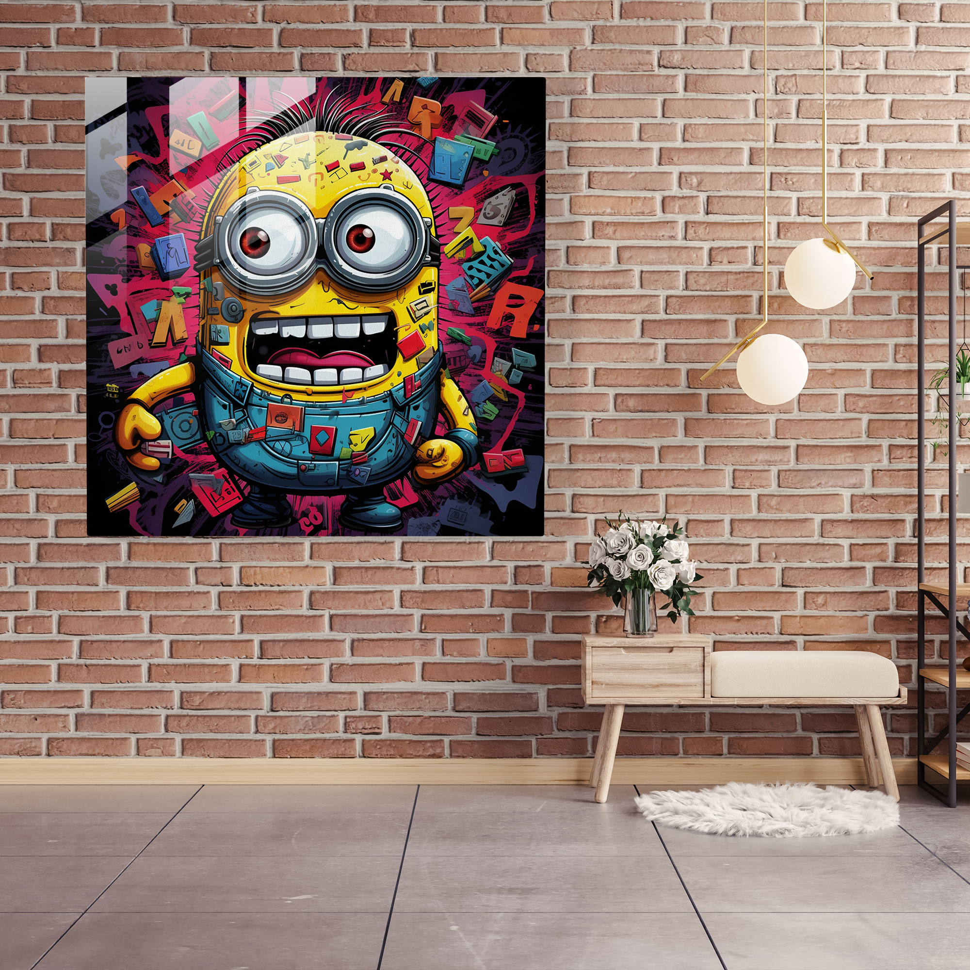 Pop Art Minion Cam Tablo - Minions Ev Dekorasyonu Cam Duvar Sanatı Modern Sanat